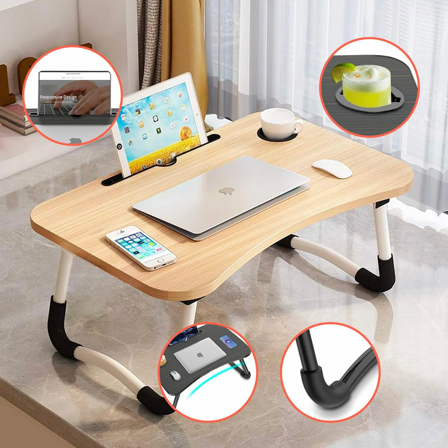 Avilia Tavolino da Letto Pieghevole 60×40 cm – Vassoio da Letto con Leggio Tablet e Porta Bicchiere, Scrivania Portatile Laptop per Smart Working, Colazione a Letto e Divano, Salvaspazio