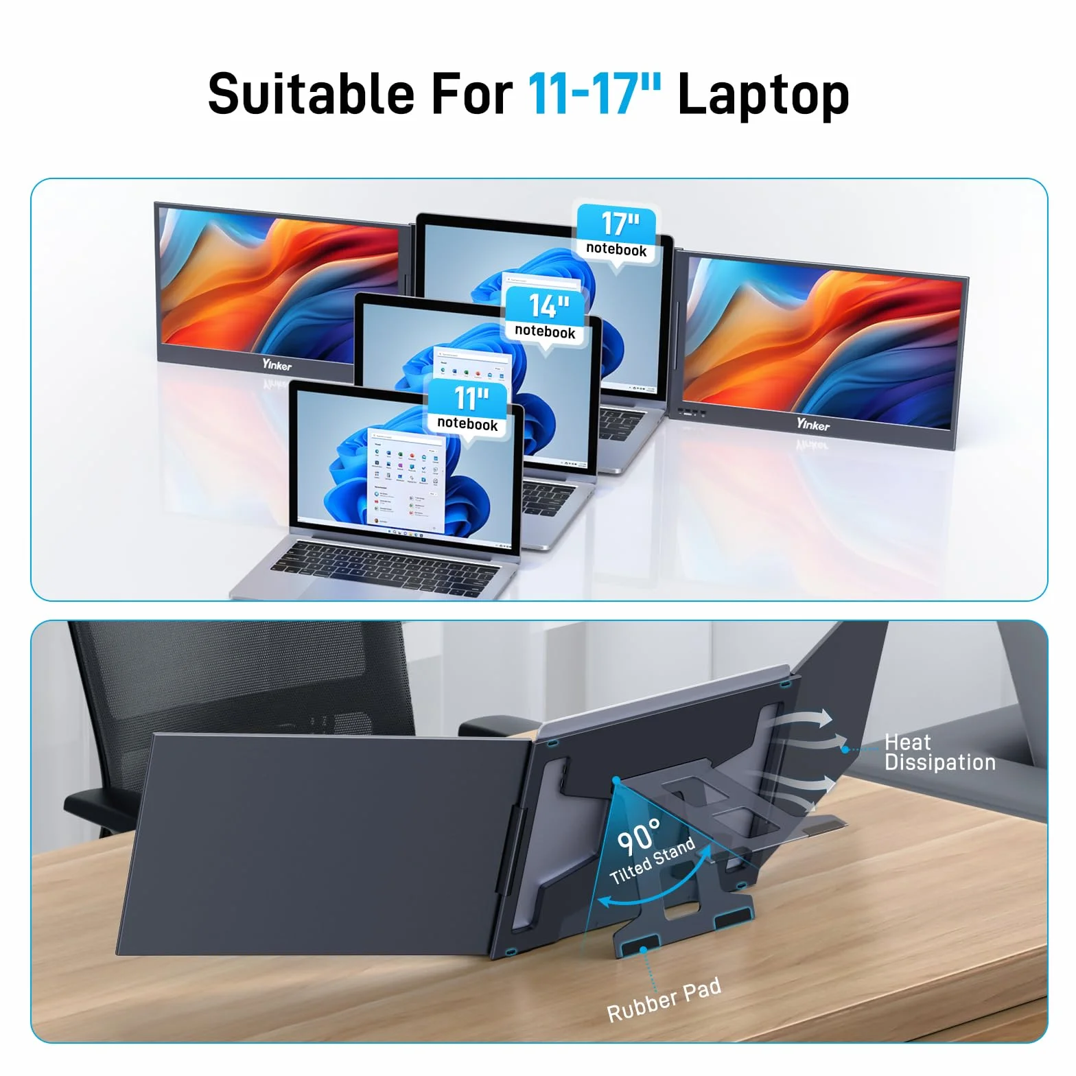 15,6” FHD triplo schermo laptop estensione UNO cavo di collegamento per laptop 11‘’-16‘’ ruotabile a 360° e ripiegabile per lavoro, viaggi, gioco