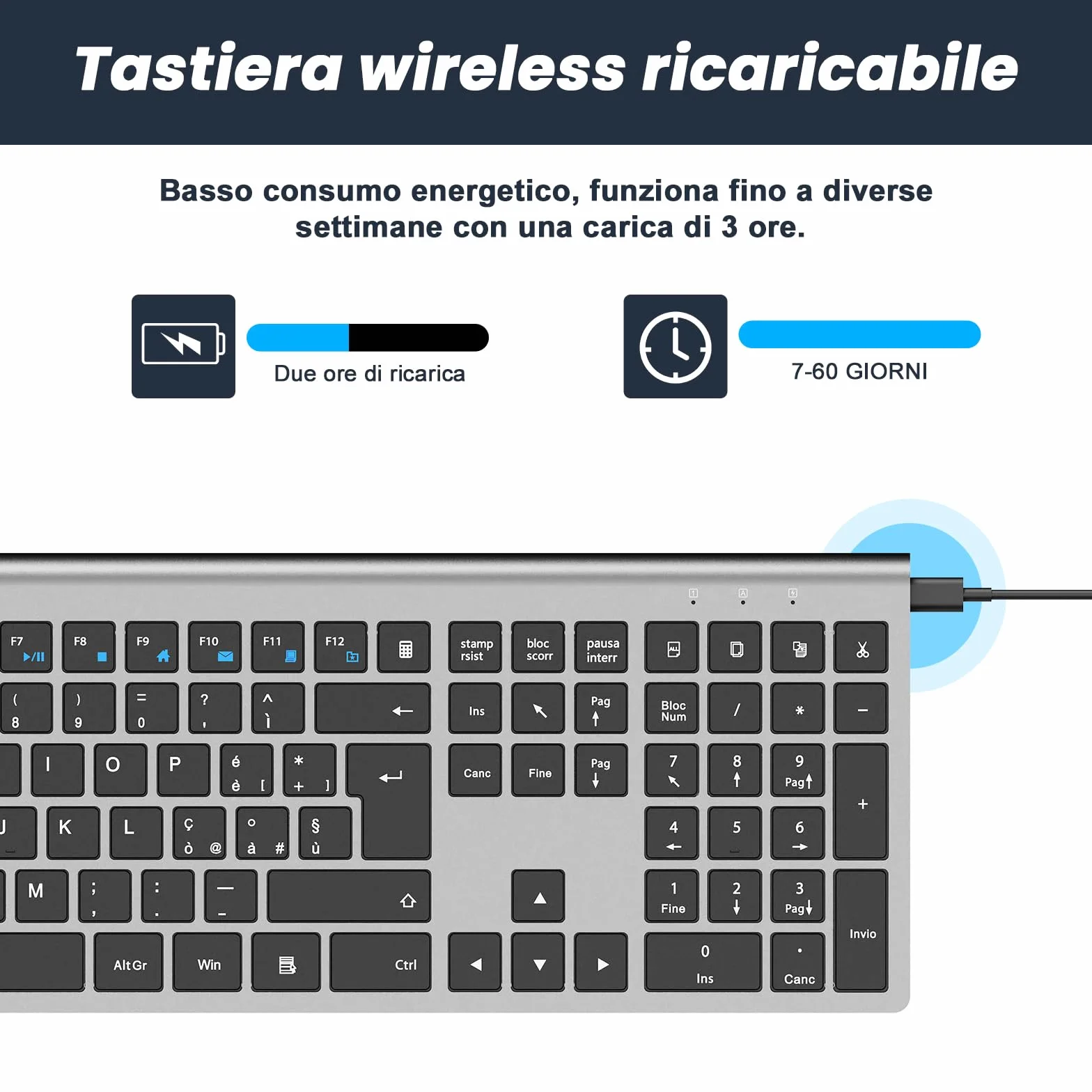cimetech Tastiera wireless ricaricabile - Layout italiano QWERTY, digitate con facilità e raddoppiate la vostra efficienza - Tecnologia della tastiera per laptop di alta gamma （grigio）