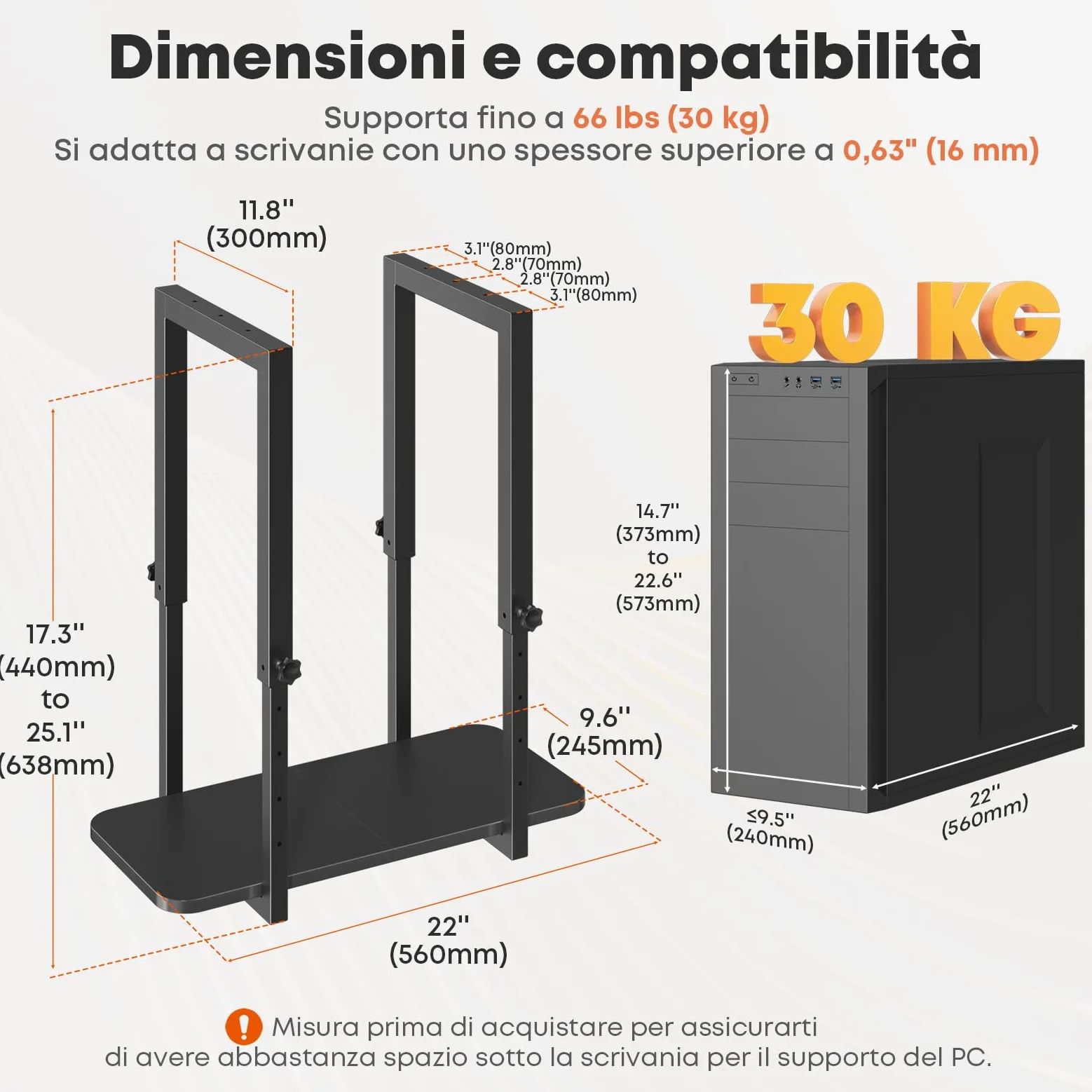 Supporto PC sotto scrivania, resistente e regolabile in altezza – Supporto per case PC, salvaspazio, capacità max 30 kg, Nero