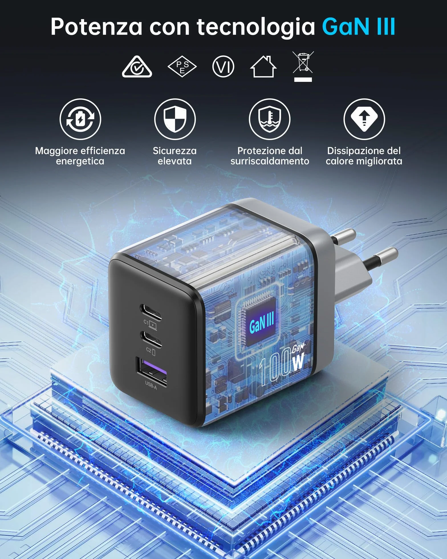 NOVOO Caricatore USB-C 100W GaN Ⅲ 3 Porte Veloce per MacBook Pro Dell XPS 13 iPad Pro iPhone 16/15/14/13/12 Galaxy S24 Ultra