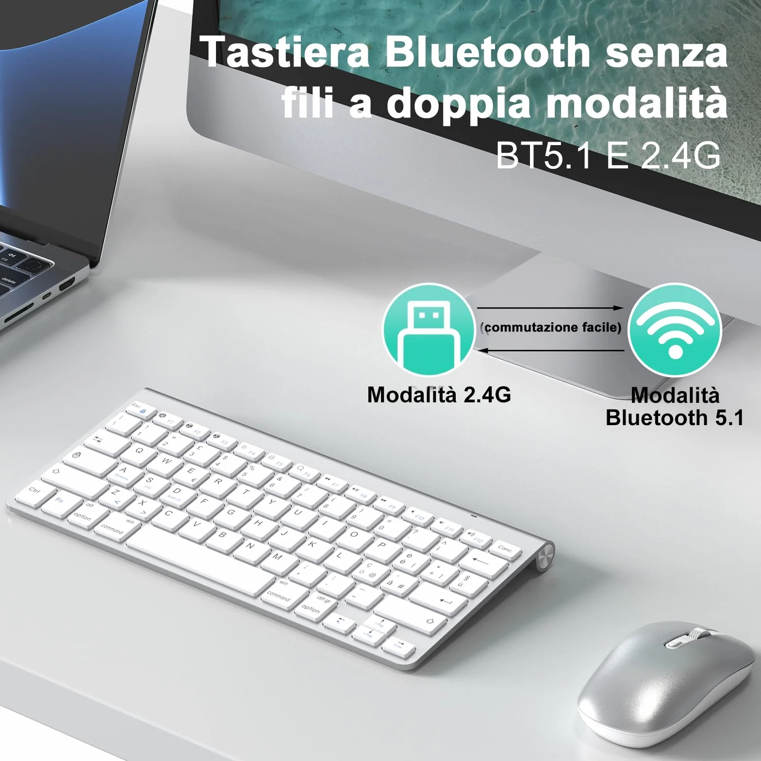 PINKCAT Tastiera wireless, Tastiera Bluetooth &2.4G Layout Italiano QWERTY con tasti multimediali, adatta per PC, laptop, Mac OS, Macbook pro/air, Windows (Argento)