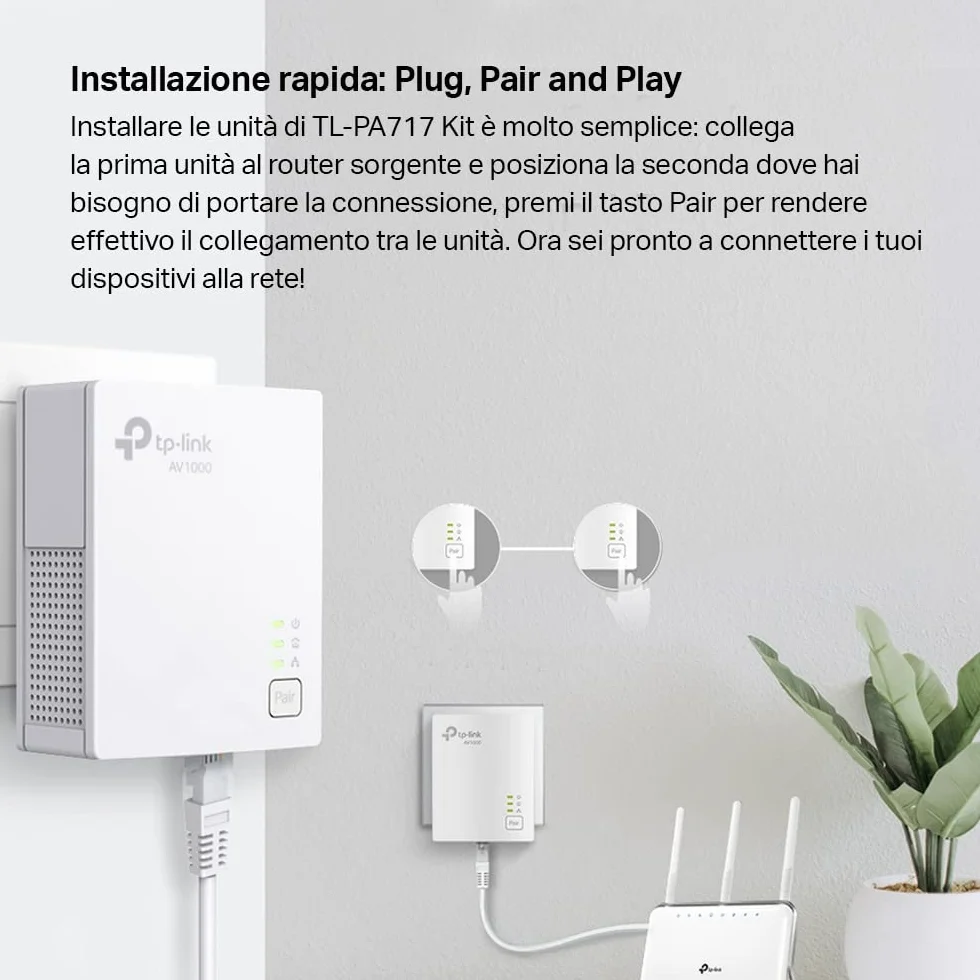 TP-Link TL-PA717 KIT Powerline Gigabit Porta, HomePlug AV2, Velocità Fino a 1000 Mbps, Per Streaming Video HD/3D/4K e Giochi Online (Solo per Wired), Nessuna Configurazione Richiesta