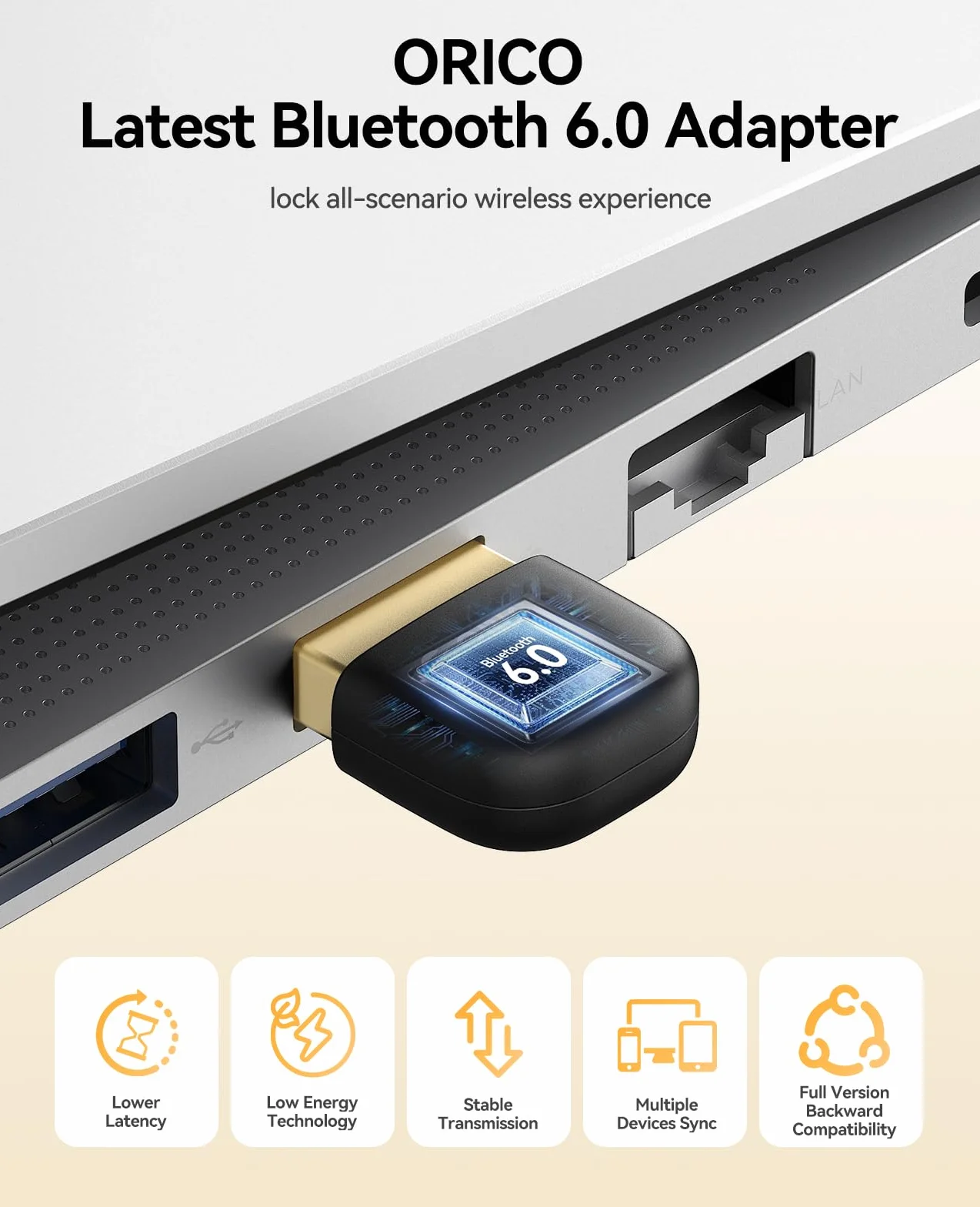 ORICO USB Bluetooth Adattatore – Portata 30m, velocità 3Mbps, dongle Bluetooth 6.0 EDR & BLE, compatibile Windows 8.1/10/11, per cuffie, tastiere, mouse, altoparlanti, stampanti (BTA-60)