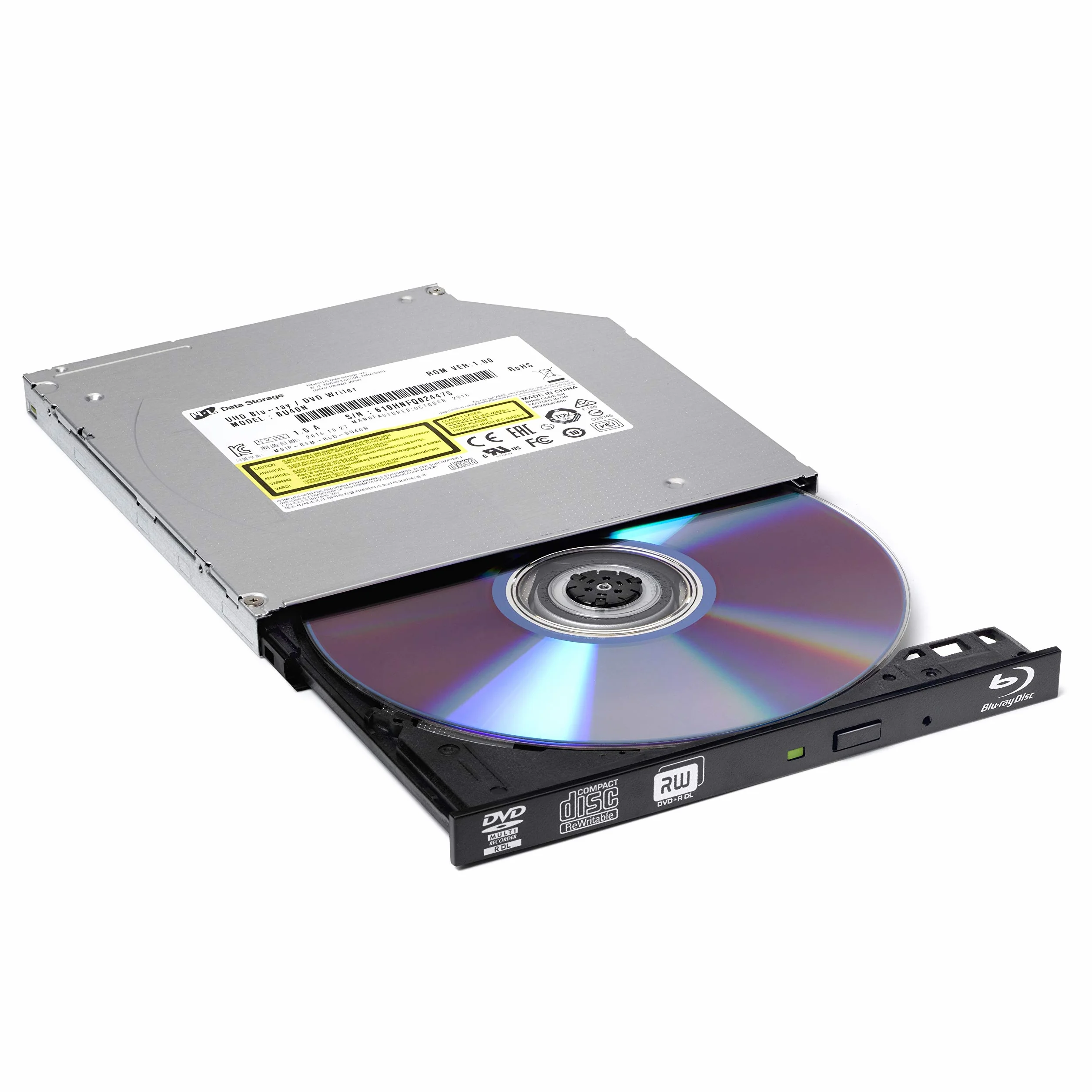 Hitachi-LG BU40N Internal UHD Blu-Ray/DVD Drive/Burner, Slim 9.5 mm Rewriter for Laptop, Desktop PC, Windows 10 Compatible, Ultra HD 4K Playback, M-Disc Support (Bare Drive)