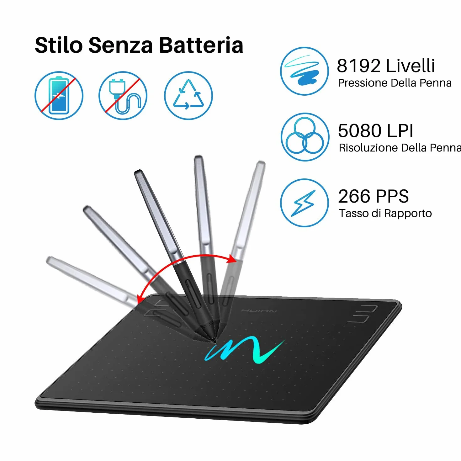 HUION HS64 Tavoletta Grafica con Penna a Pressione 8192 Senza Batteria con Pressione a Quattro Tasti Supporta il Sistema Operativo Android 6.0, Windows e MacOS