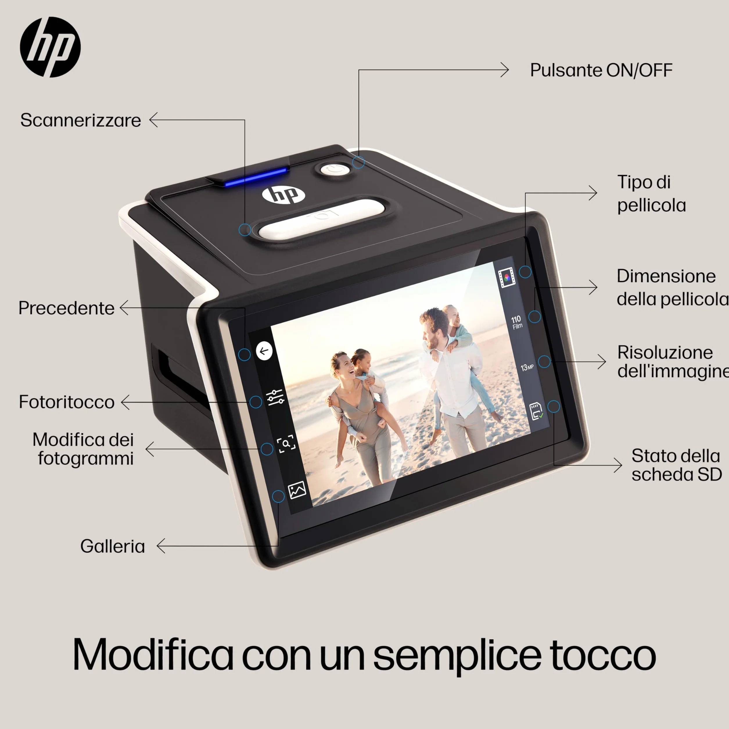 HP FilmScan Touch Screen Scanner Pellicole Diapositive Schermo LCD 5" 22MP 135 126 110