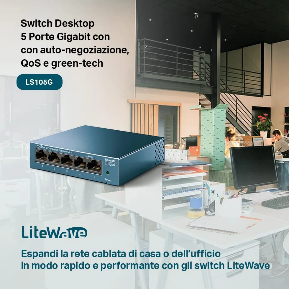 TP-Link Ls105G Switch Ethernet 5 Porte Gigabit, Sdoppiatore Ethernet, Struttura In Metallo, 802.1P/Dscp Qos, Funzionamento Silenzioso, Montaggio Desktop, Blu, ‎9.98 x 9.8 x 2.5 cm; 190 grammi