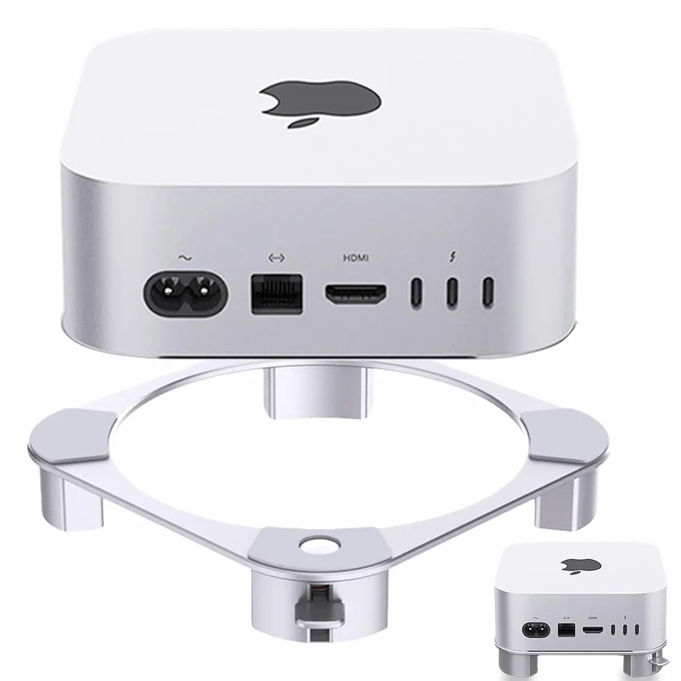 Supporto in alluminio per Mac mini M4/M4 Pro, con pulsante di accensione facile da raggiungere, ventilazione migliorata e dissipazione del calore, design antiscivolo stabile per un lavoro sicuro ed