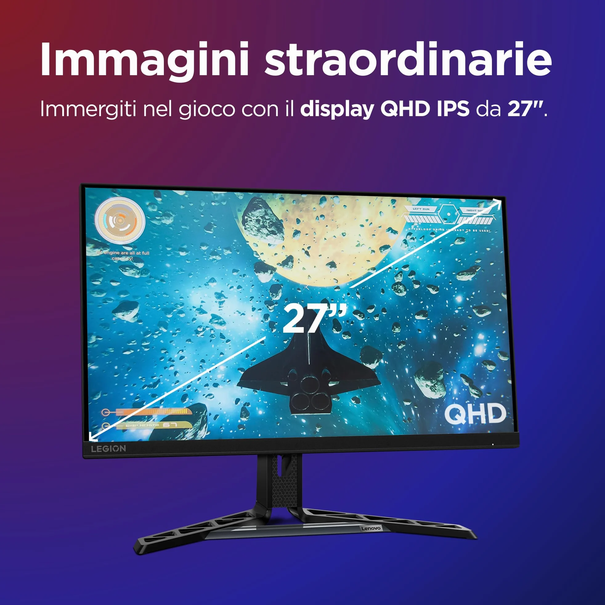 Lenovo Legion R27qe Gen 2 | Monitor Gaming 27" QHD (2560x1440), 200Hz, 0.5ms, IPS, 2x HDMI 2.1 e DisplayPort 1.2, Cavo DisplayPort incluso - Ideale per Esport, FPS e Console