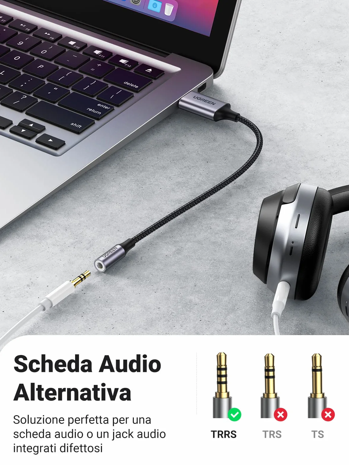 UGREEN Adattatore Audio USB a Jack 3,5 mm Scheda Sonoro Esterna Supporta 24bit 96KHz Adapter per Cuffie e Microfono Compatibile con PC Switch PS 4/5 Macbook Linux 25CM
