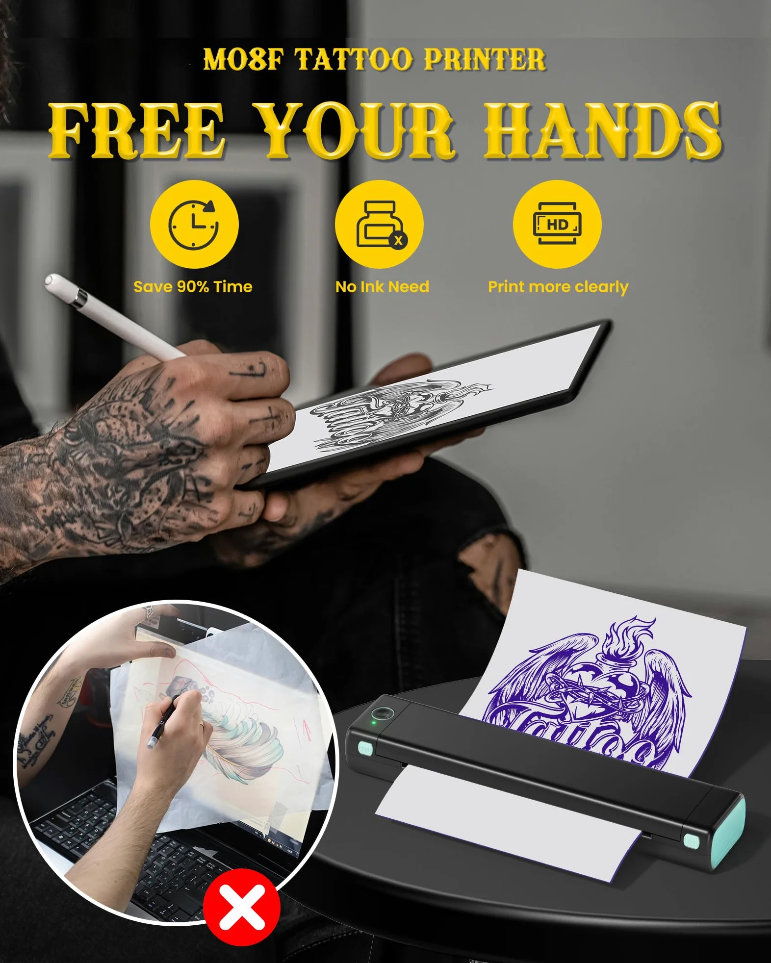 Itari M08F Stampante Stencil Tattoo - Copiatrice Stampante Tattoo Stencil con 10 Fogli di Carta da Trasferimento, Stampante Termica Bluetooth per Tatuaggi, Compatibile con Smartphone e PC, Nero
