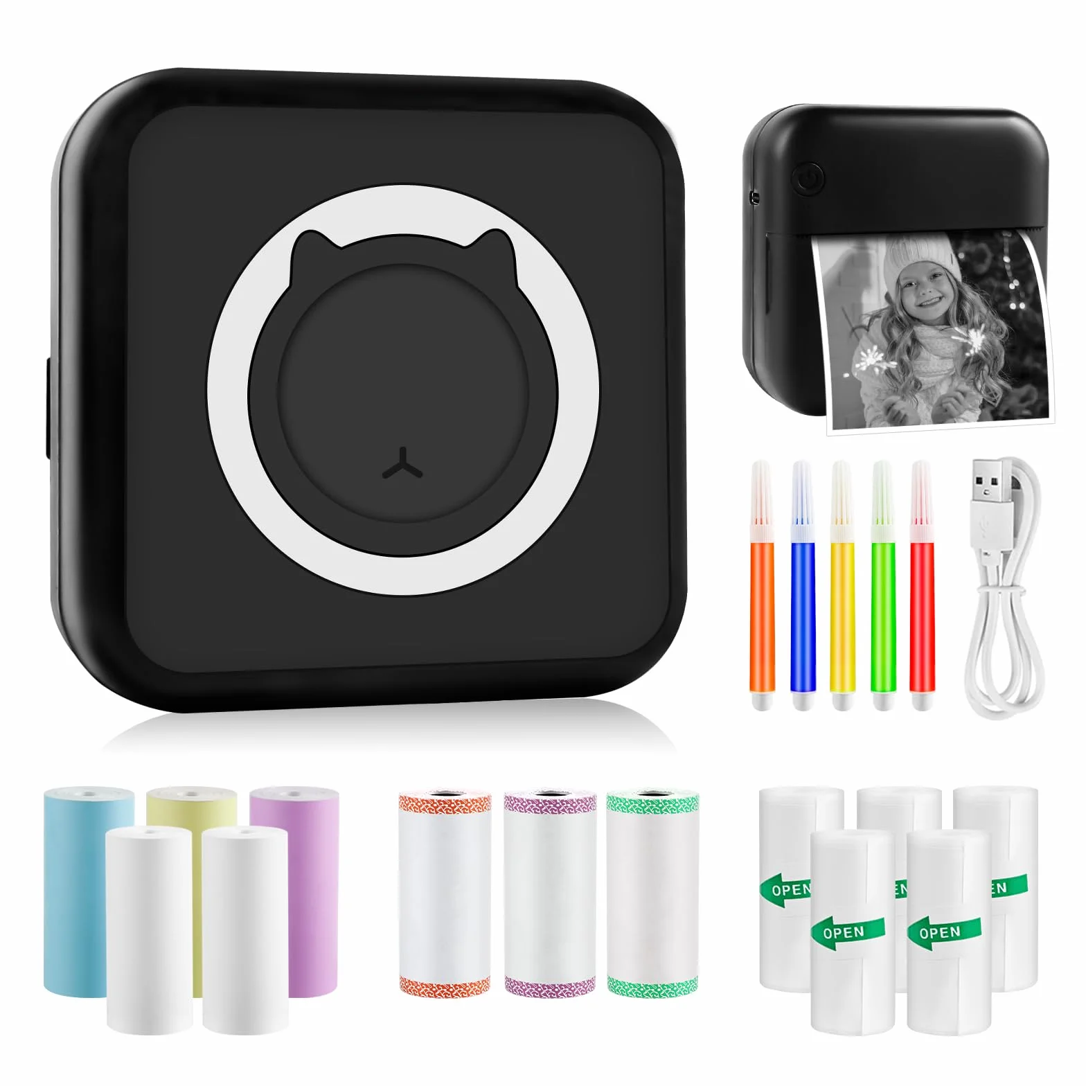 Mini Stampante Fotografica Termica Portatile Bluetooth con Ricarica USB, Stampante Istantanea (Nero)