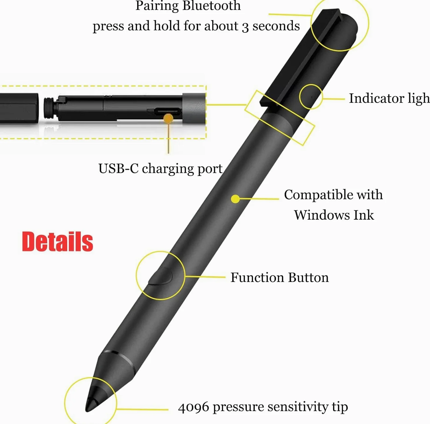 Tilt Pen per HP Tilt Pen (2MY21AA) - Penna stilo digitale, 2 tasti programmabili, Bluetooth, ricaricabile, colore: Nero