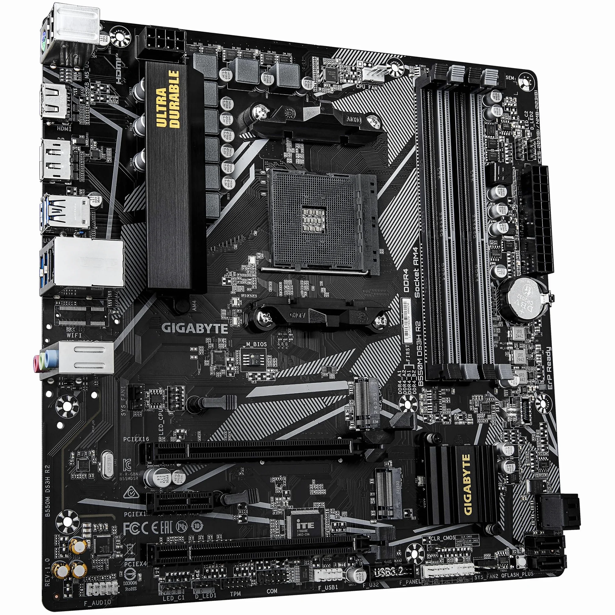 GIGABYTE B550M DS3H R2 Scheda madre - CPU AMD Ryzen 5000, VRM a 5+3 fasi, fino a 4733 MHz DDR4 (O.C.), 1x M.2 PCIe 4.0 + 1x M.2 PCIe 3.0, LAN 1 GbE, USB 3.2 Gen 1
