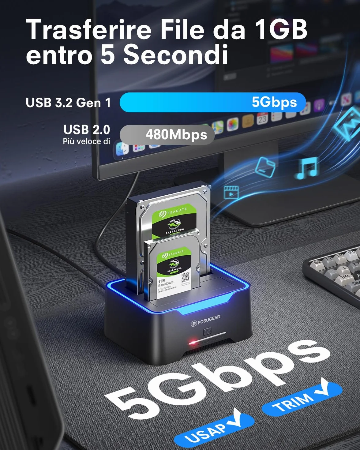 POSUGEAR Hard Disk Docking Station USB 3.2 Gen 1 per HDD/SSD SATA da 2,5 e 3,5 Pollici, Doppio Alloggiamento Dock per Disco Rigido Fino a 40TB con UASP e Cavo 2-in-1 Supporto Clonazione Offline