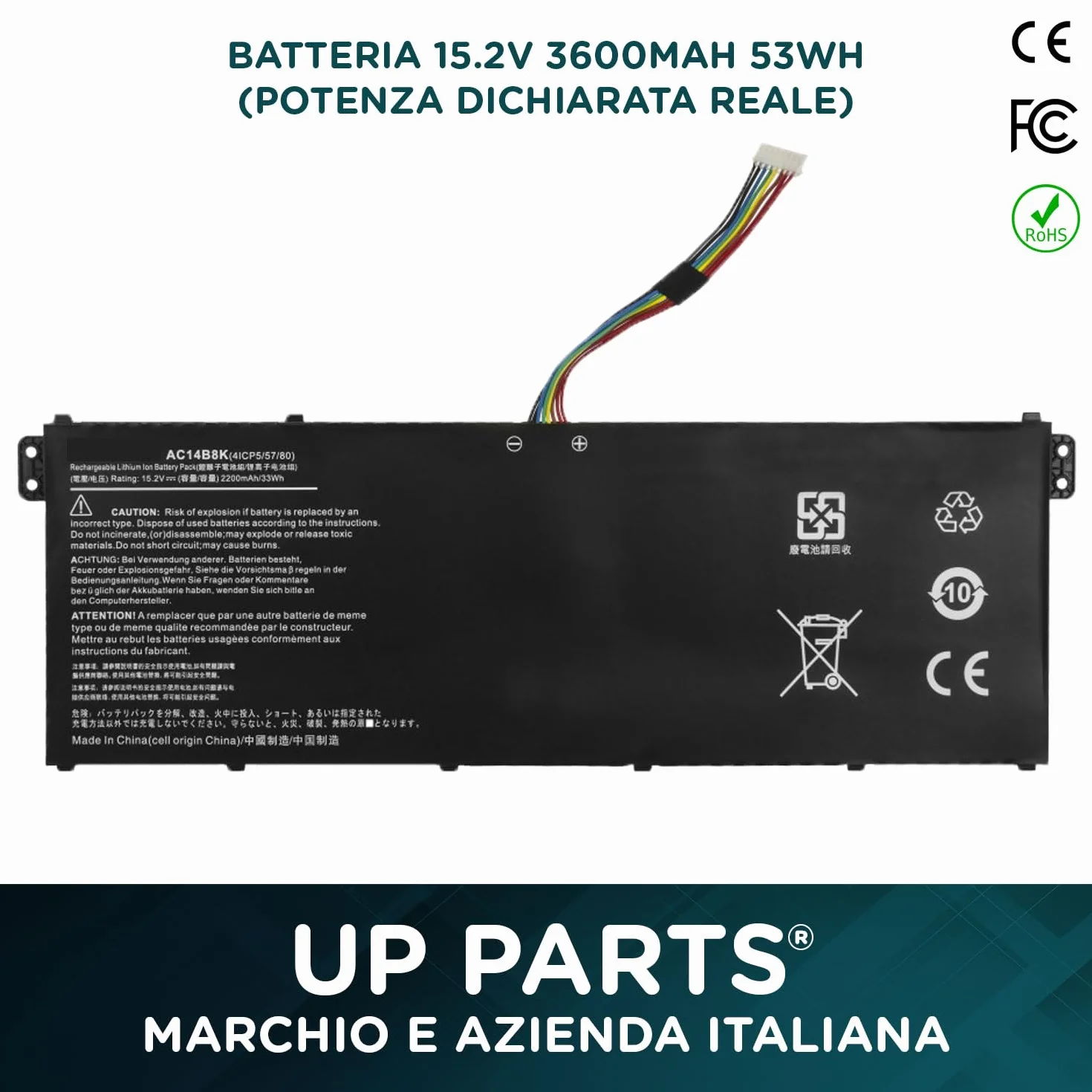 Batteria per Notebook Compatibile con Acer AC14B8K (3600mAh, 15.2V 55Wh) per Spare Parts AC14B8K AC14B13K AC14B18K AC14B3K per Laptop Nitro 5 AN515-51 AN515-52 AN515-53 4ICP5/57/80