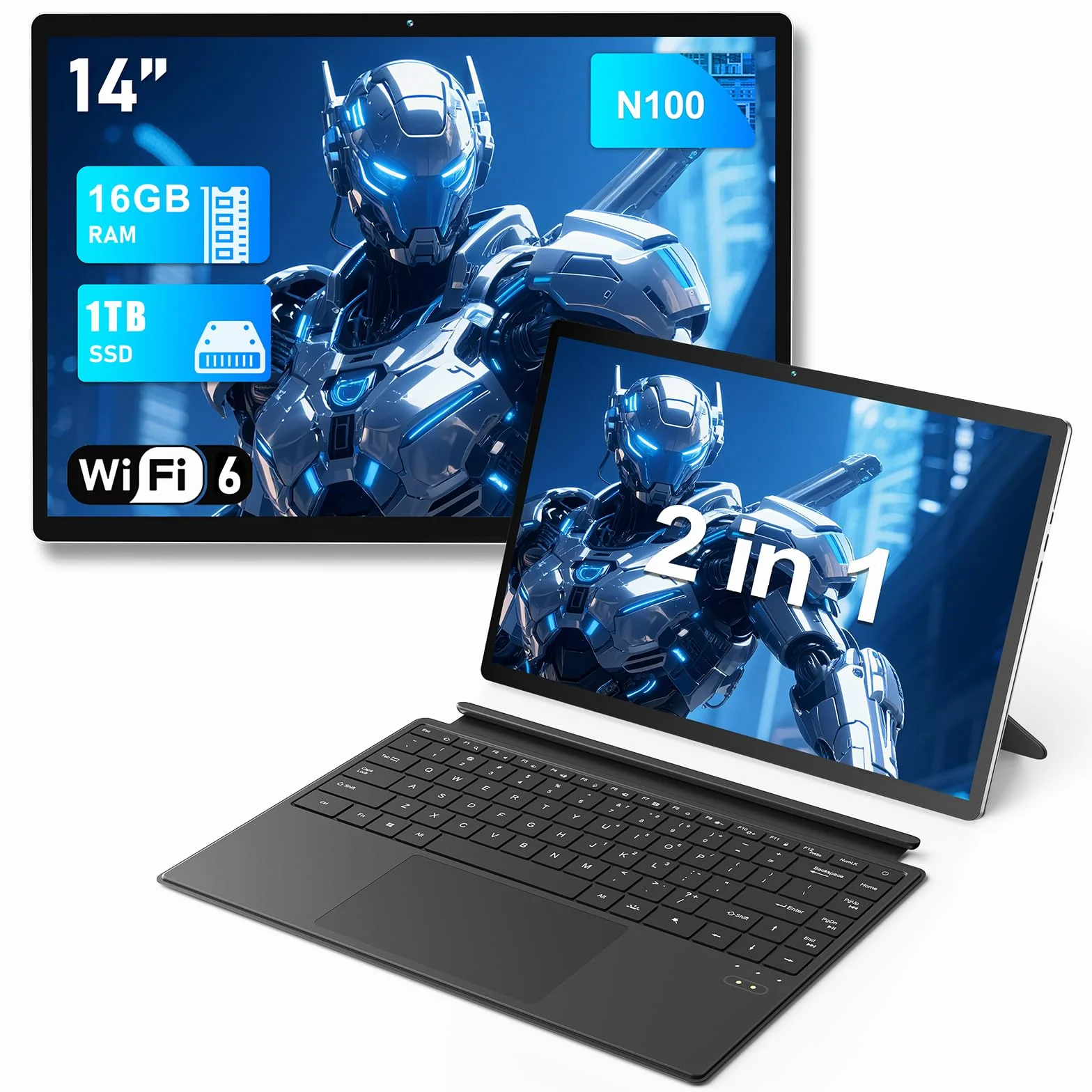 FUNYET PC Portatile 2 in 1, sistema Win 11 14 pollici Laptop, processore N100 Portatil, 16 GB di RAM + 1 TB di SSD Computer, tastiera retroilluminata, touchscreen e porta Type C 2 in 1, Tablet