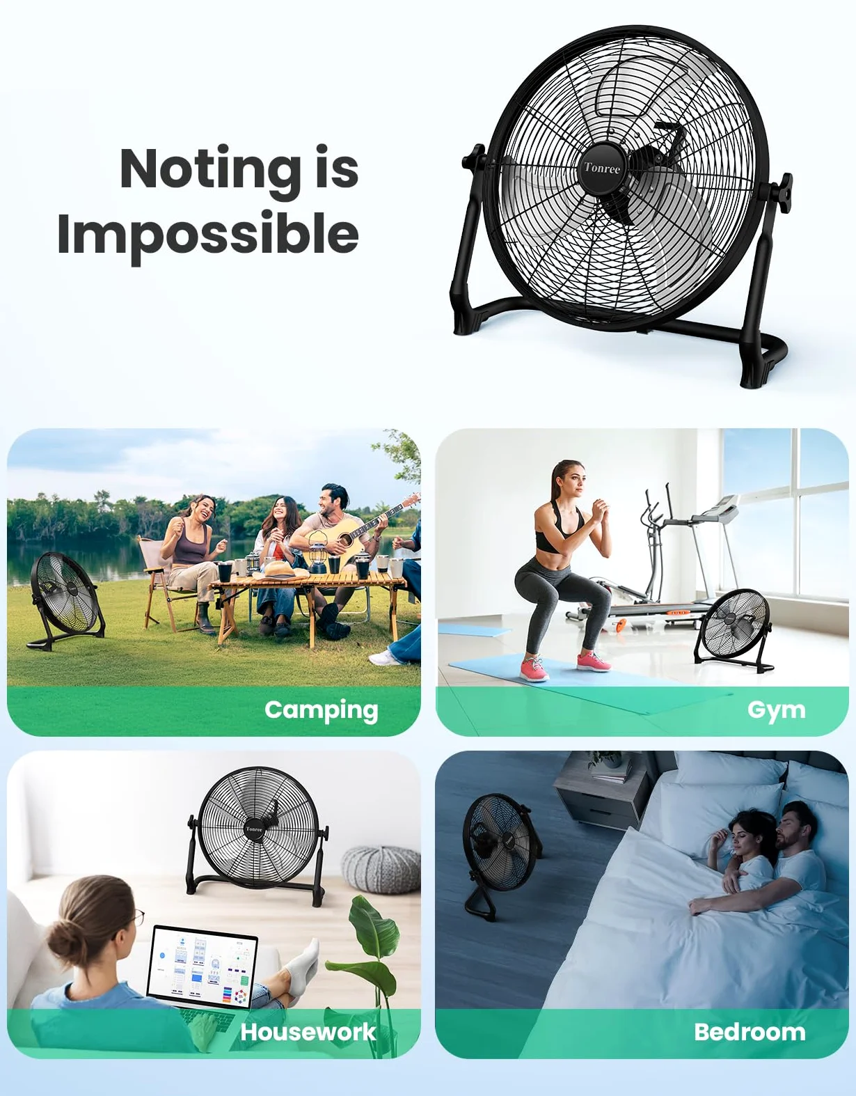 Ventilatore da pavimento portatile da 45,7 cm, a batteria, ricaricabile ad alta velocità, ricarica USB per telefono, durata 12-60 ore, silenzioso, wireless, flusso d'aria, per campeggio, casa