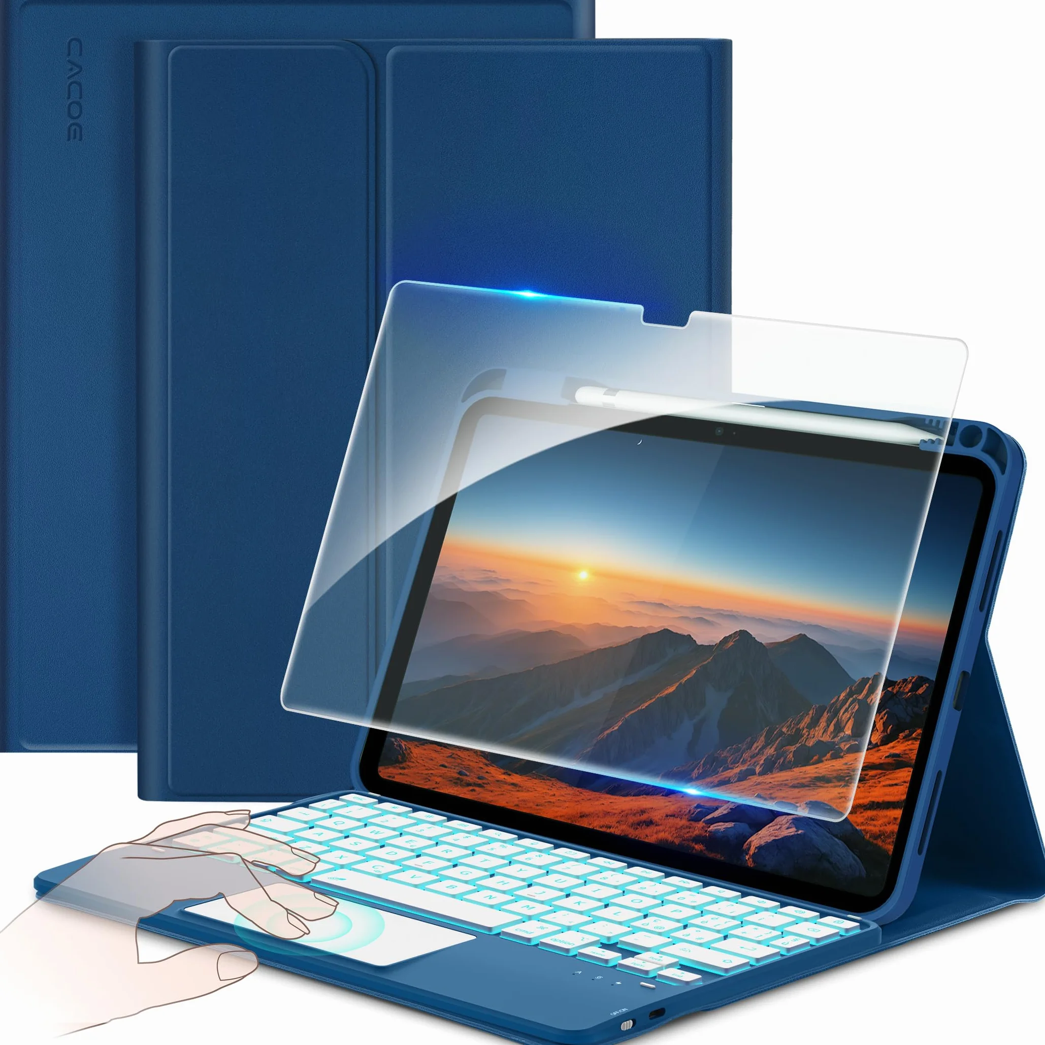 CACOE Cover con Tastiera per iPad 11 Gen (A16) 2025 11" / 10 Gen 2022 10.9" Touchpad Wireless Staccabile, Illuminazione 7 Colori, Mare Blu
