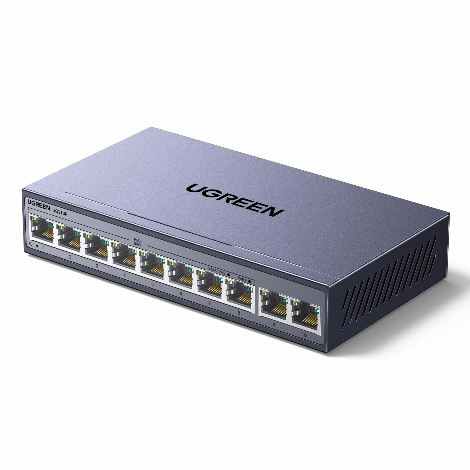 UGREEN 10 Porte Gigabit PoE LAN Switch con 8 PoE Switch + 2 Gigabit-Uplink 60W Potenza Totale per tutte le Porte PoE, Switch di Rete ideale per NVR, Telecamere IP, Non Gestito con Carcassa Metallica