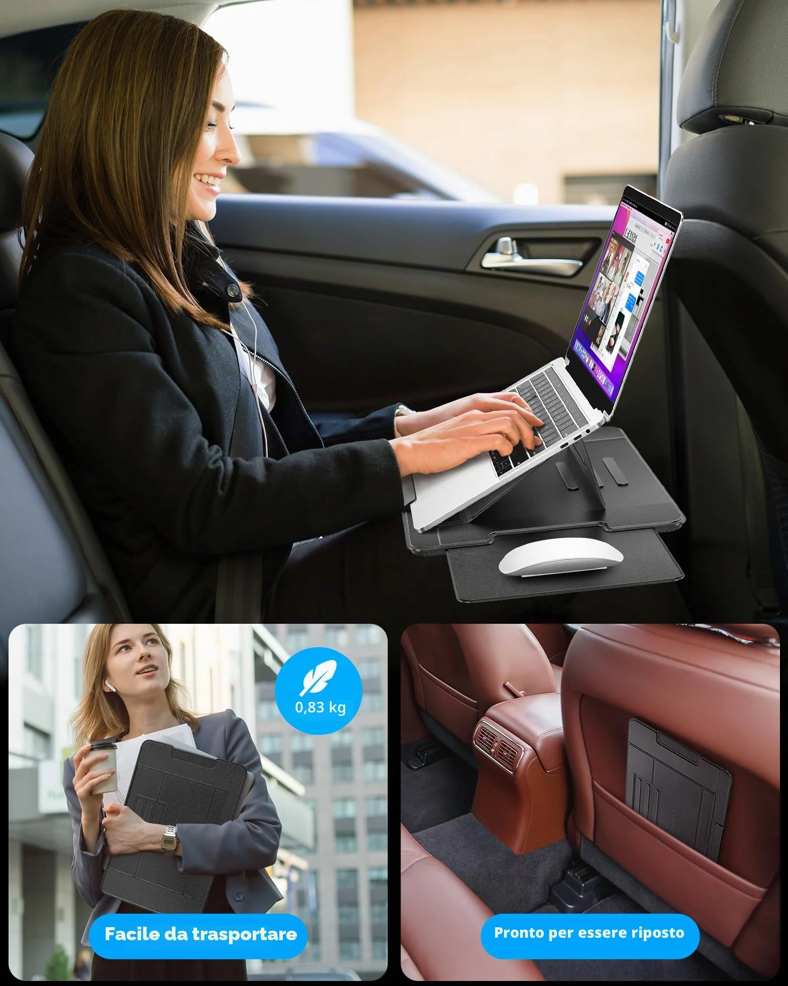 AboveTEK Vassoio Portatile per PC Portatili con Tappetino per Mouse Retraibile a Destra, 3 Angolazioni Ergonomiche, Scudo Termico Antiscivolo, Supporto Portatile per Laptop per Letto, Divano, Viaggi