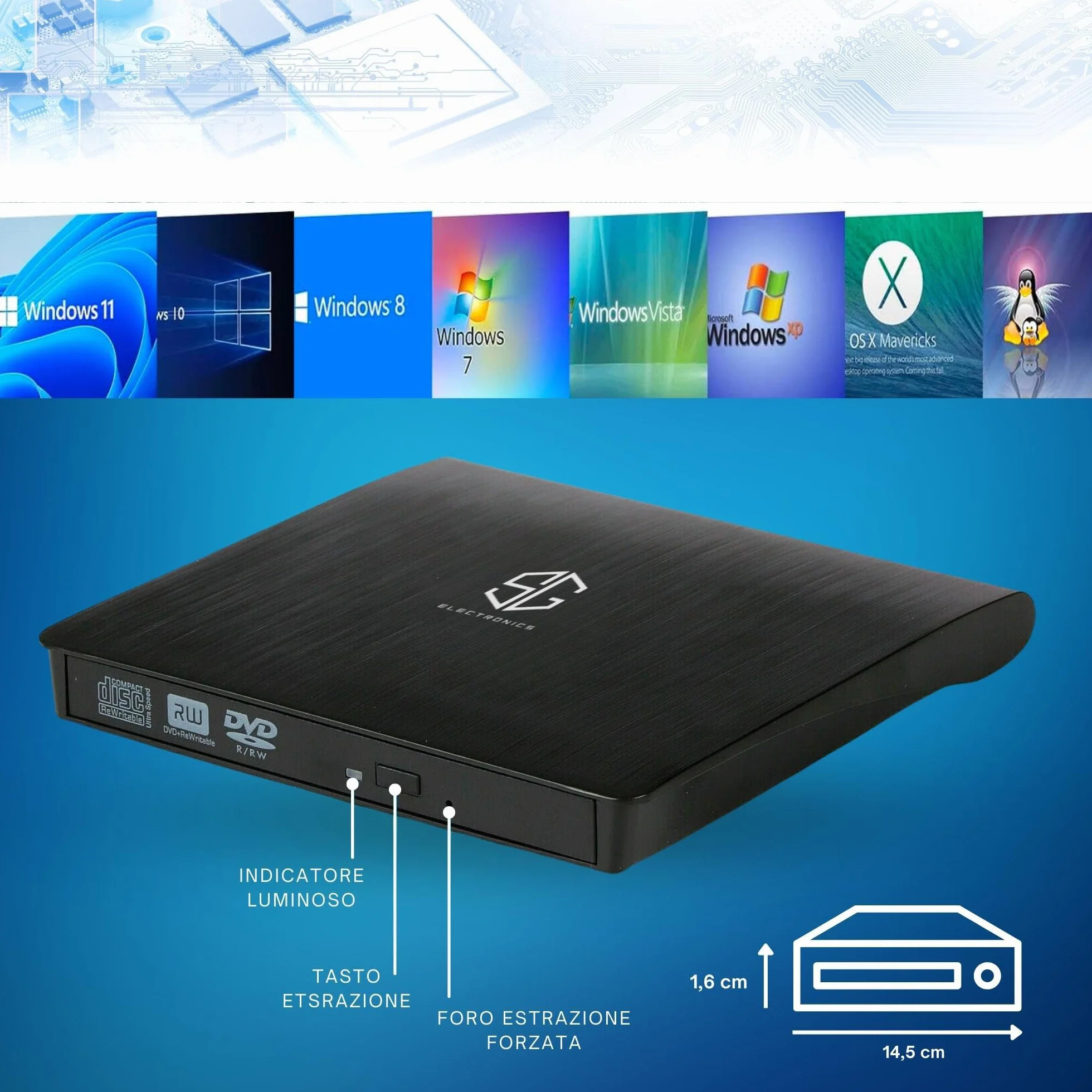 SG, Lettore CD DVD Esterno Portatile, Masterizzatore DVD Esterno, Lettore CD Esterno per Pc Portatile e Desktop Tower, Disco Esterno Ultra Slim USB 3.0, compatibile con Windows, Linux e Mac OS