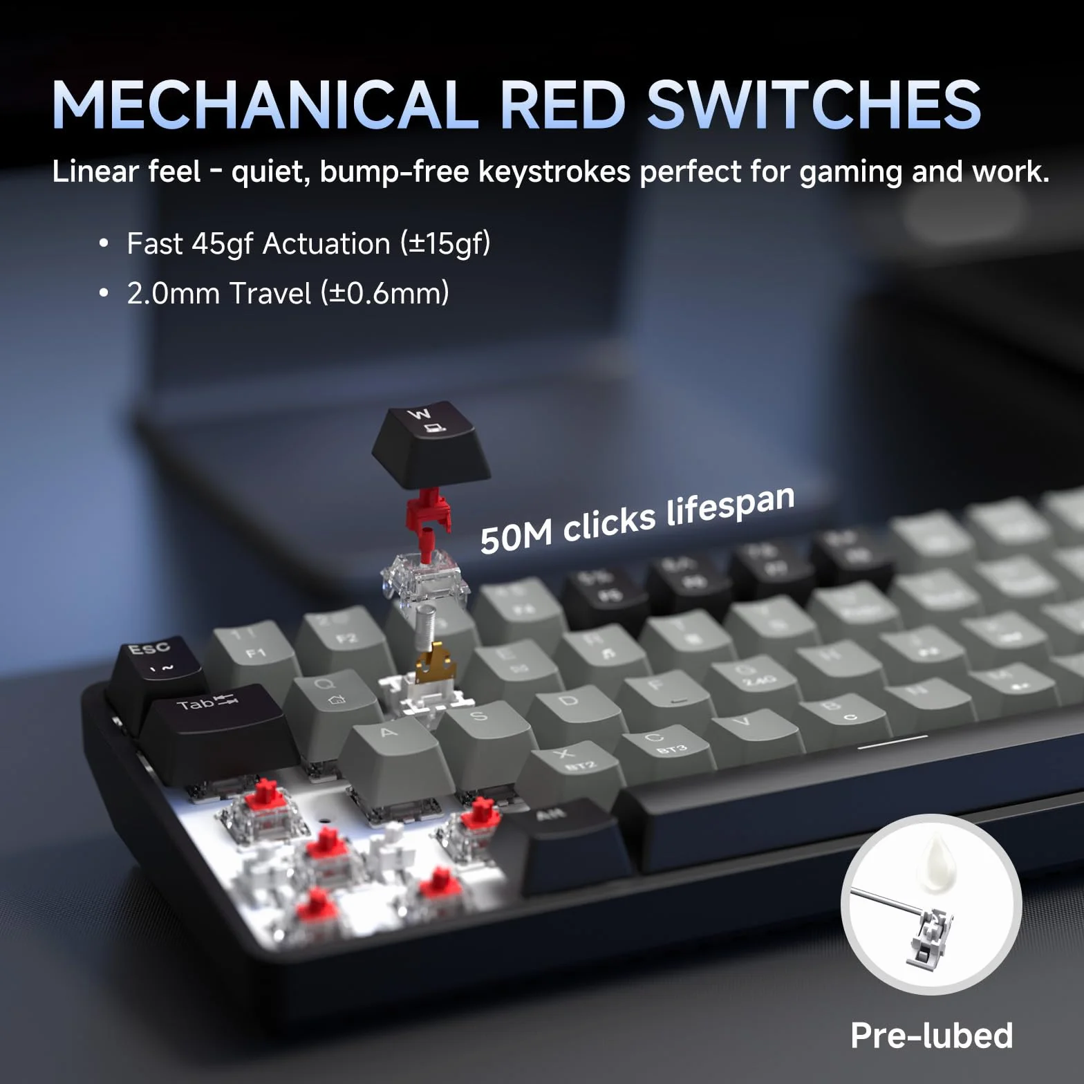 Dierya DK68 Tastiera Gaming Wireless,60% Tastiera Meccanica Bluetooth/2.4G/USB-C RGB,Interruttore Rosso,Double-Shot ABS Keycaps Compatibile con Win/Mac,Grigio nero-A(Layout US,QWERTY)