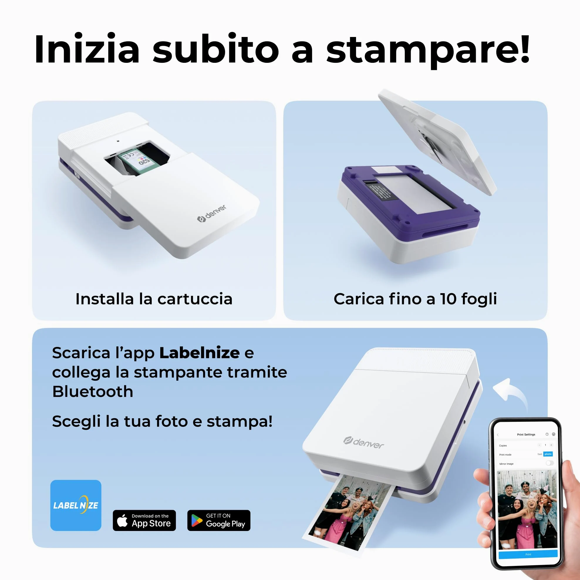 Denver MCP-6010 Mini stampante fotografica per smartphone, stampante portatile a colori con Bluetooth 5.2, 600 DPI, iOS e Android, stampante fotografica portatile con batteria, cartuccia e set di 20