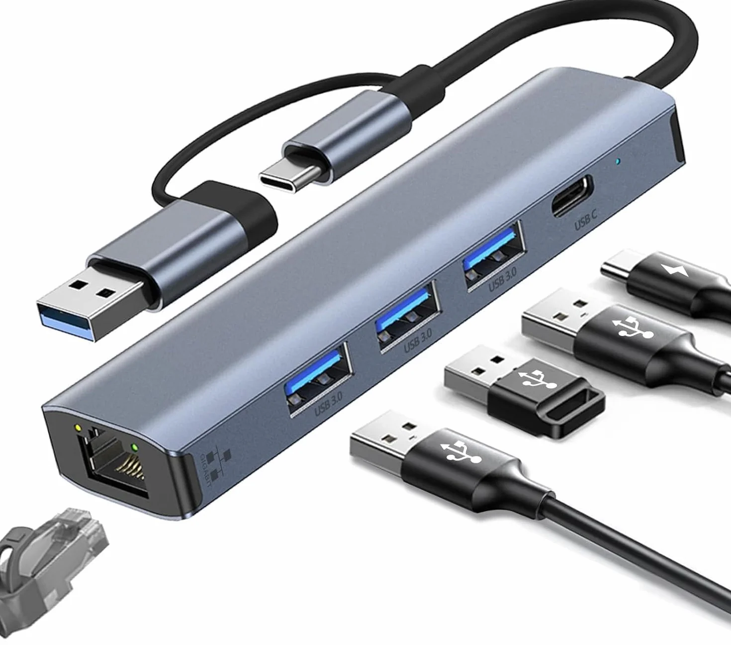 Adattatore USB Ethernet Gigabit 1000Mbps, Hub LAN USB-C a RJ45 con 3 Porte USB 3.0 e 1 Porta Tipo C per iPhone 15/16/iPad