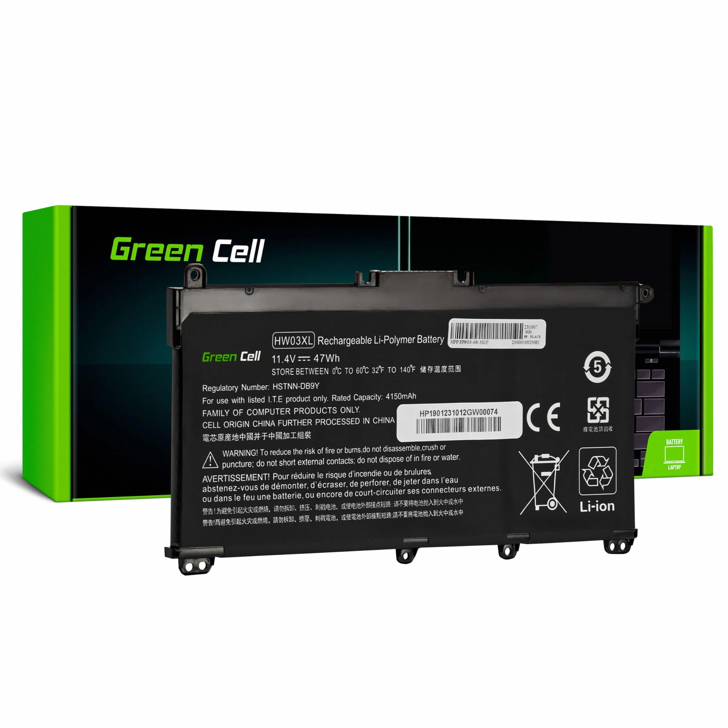 Green Cell HW03XL L97300-005 Batteria per HP 250 G9 255 G8 255 G9 17-CN 17-CP Pavilion 15-EG 15-EG1103NW (Numero di celle 3,4150 mAh, 11.4 V, color Nero)