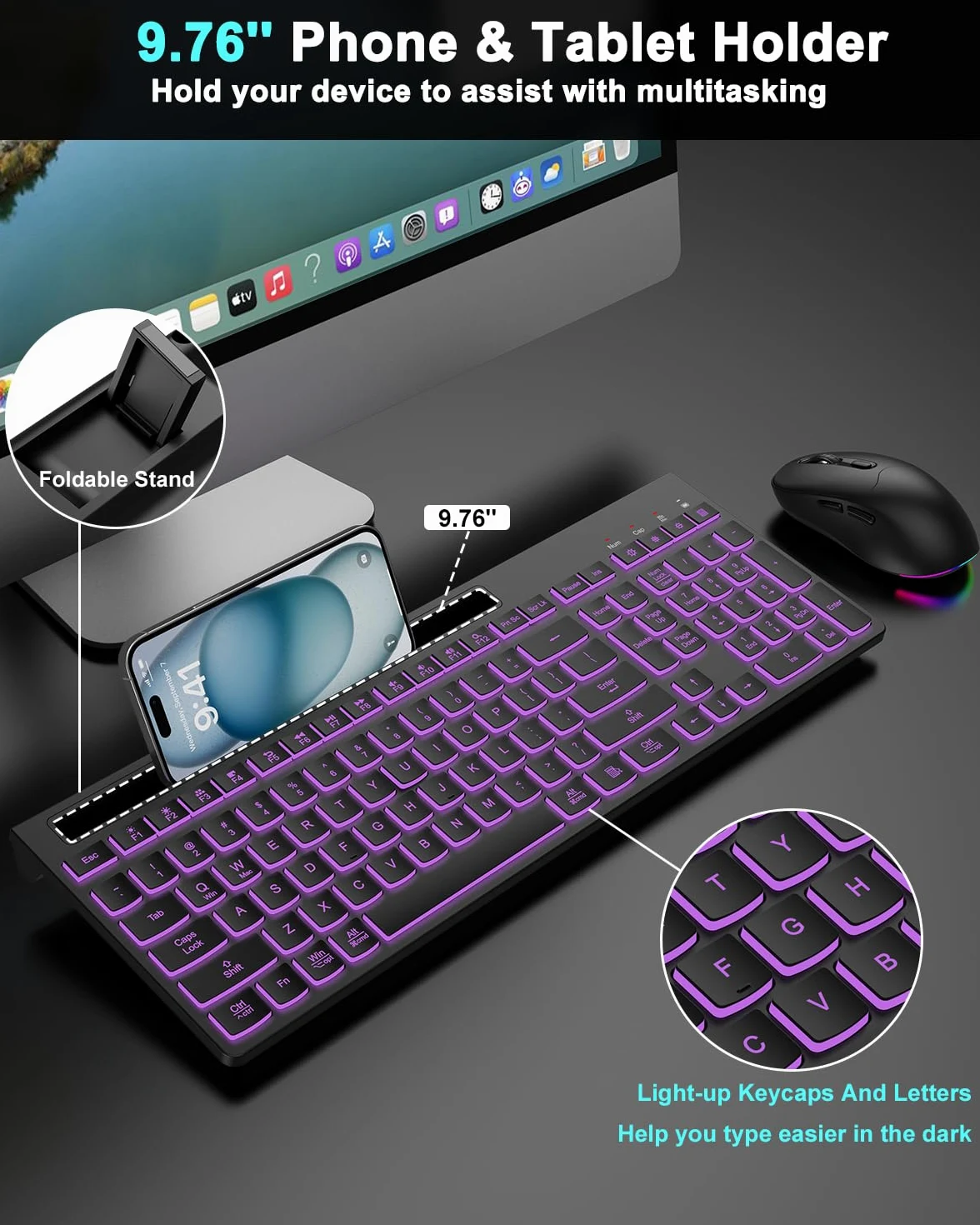 Tastiera wireless e mouse combinata, 7 effetti retroilluminati, lettere illuminate, ricaricabile, supporto per telefono, mouse a 6 pulsanti, angolo di inclinazione ergonomico, mouse USB silenzioso da