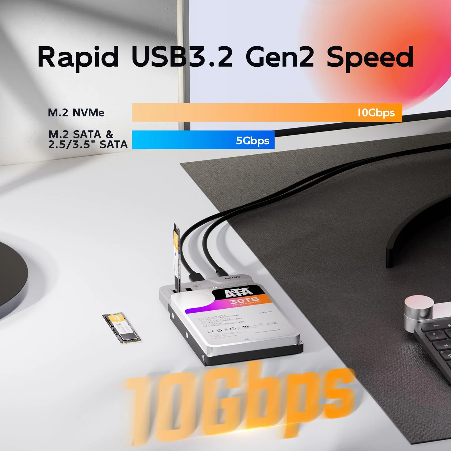 MAIWO M.2 NVMe/SATA e 2.5/3.5" SATA SSD/HDD Docking Station, Cloner per disco rigido per SSD/HDD da 2,5/3,5", adattatore M.2 SSD a USB A C Reader per chiave M Key B + M, USB3.2 Gen2x1 fino a 10 Gbps