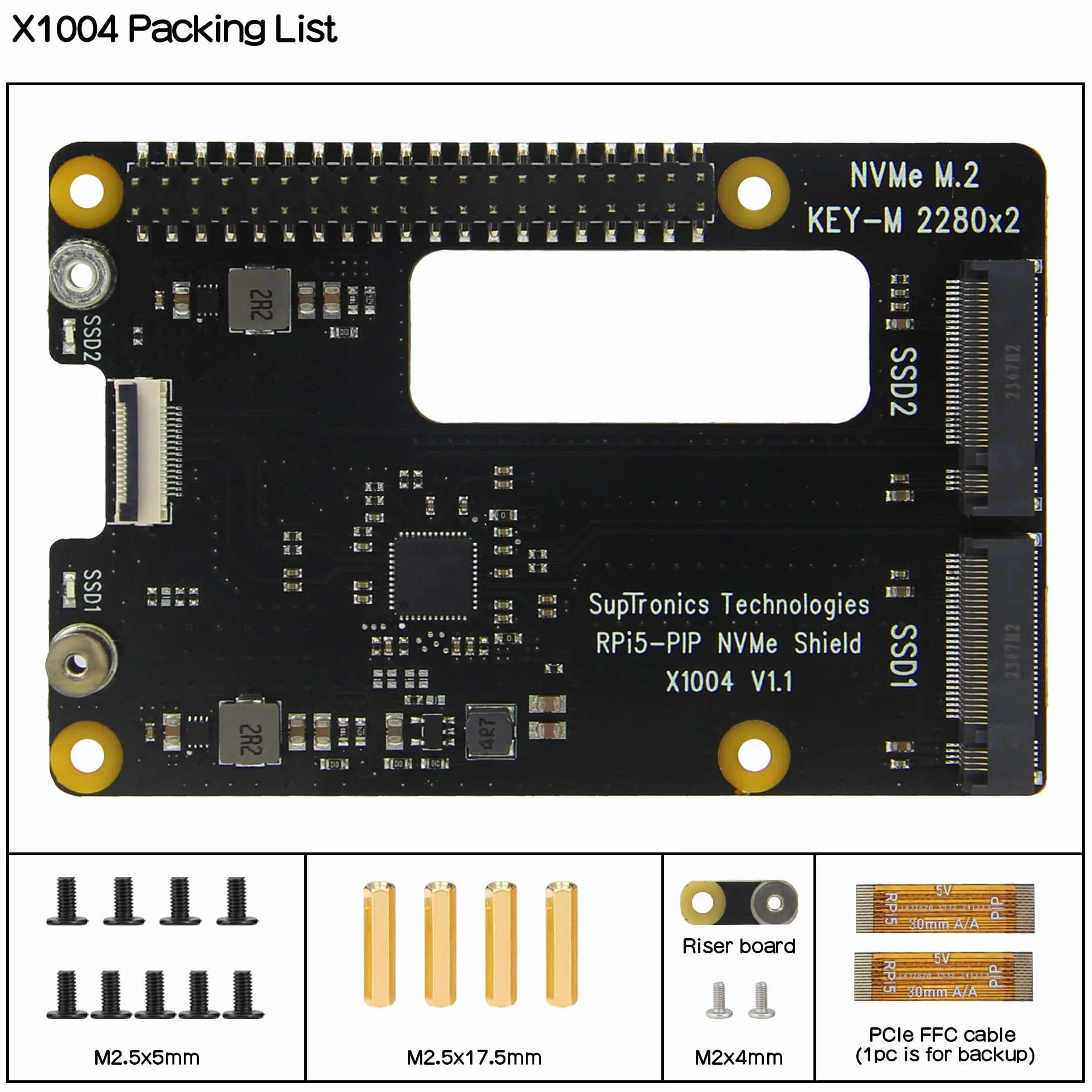Geekworm X1004 PCIe to Dual M2 NVMe SSD 2280 Shield with Case & Power Adapter for Raspberry Pi 5