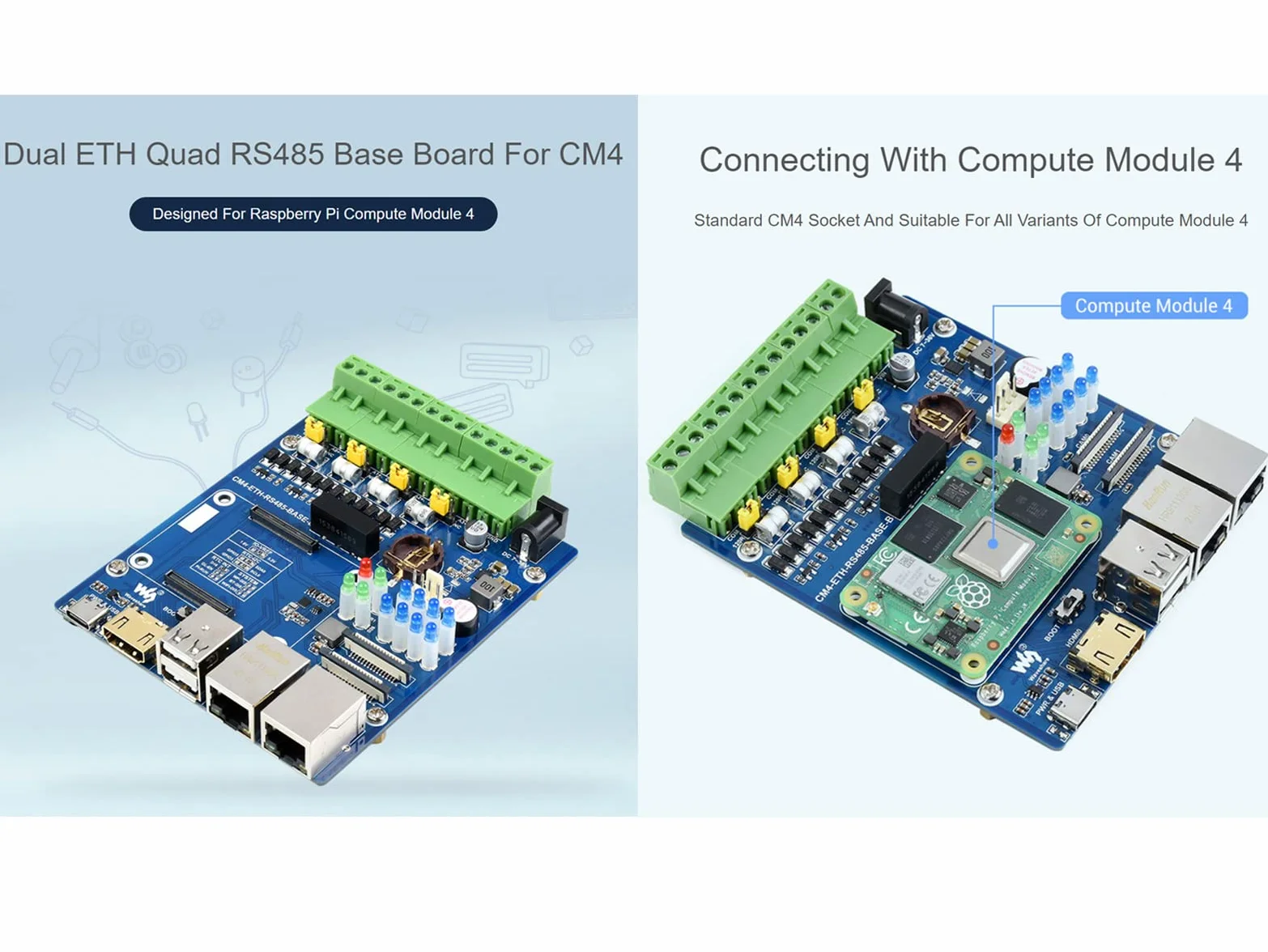 ETH RS485 Scheda di Base per Raspberry Pi Compute Module 4 CM4 Dual ETH Quad RS485 Scheda di Espansione, Integrata Gigabit Ethernet/100M Ethernet/4CH Isolata RS485/CSI/USB2.0/HDMI/FAN/Micro SD ecc.