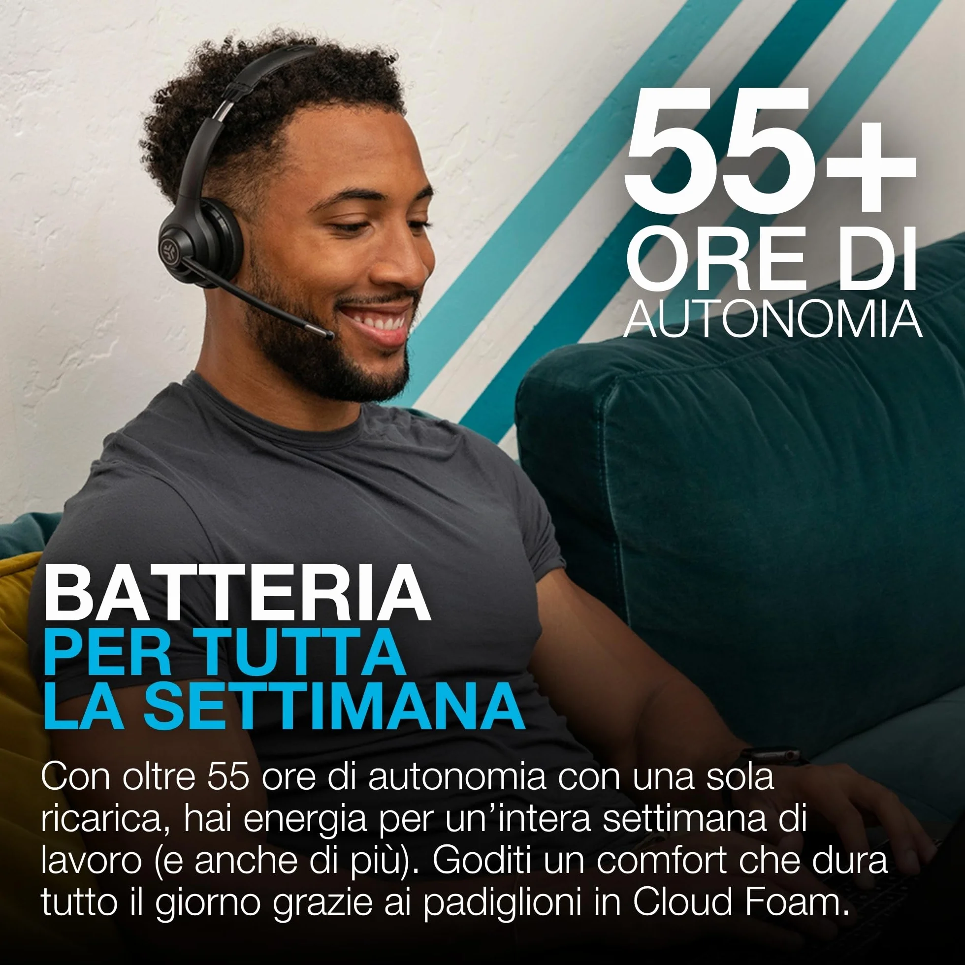 JLab Go Work - Cuffie wireless di seconda generazione con microfono – 55+ Playtime Bluetooth o USB-C Dongle per PC, connessione multipunto a computer e cellulare, cuffie on-ear cablate o wireless per