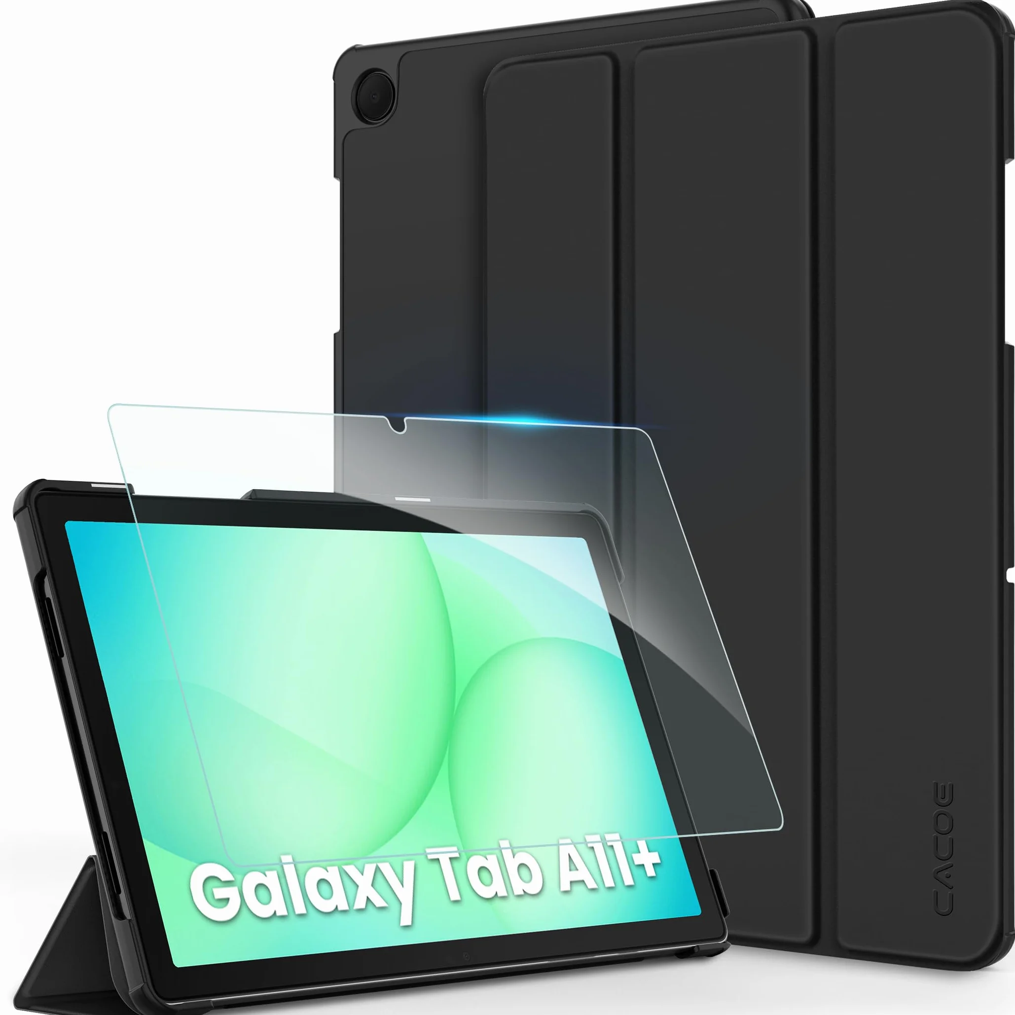 Custodia Compatibile Samsung Galaxy Tab A9+ 11 Pollici 2025, Ultra Sottile in Pelle con Vetro Temperato, Nero