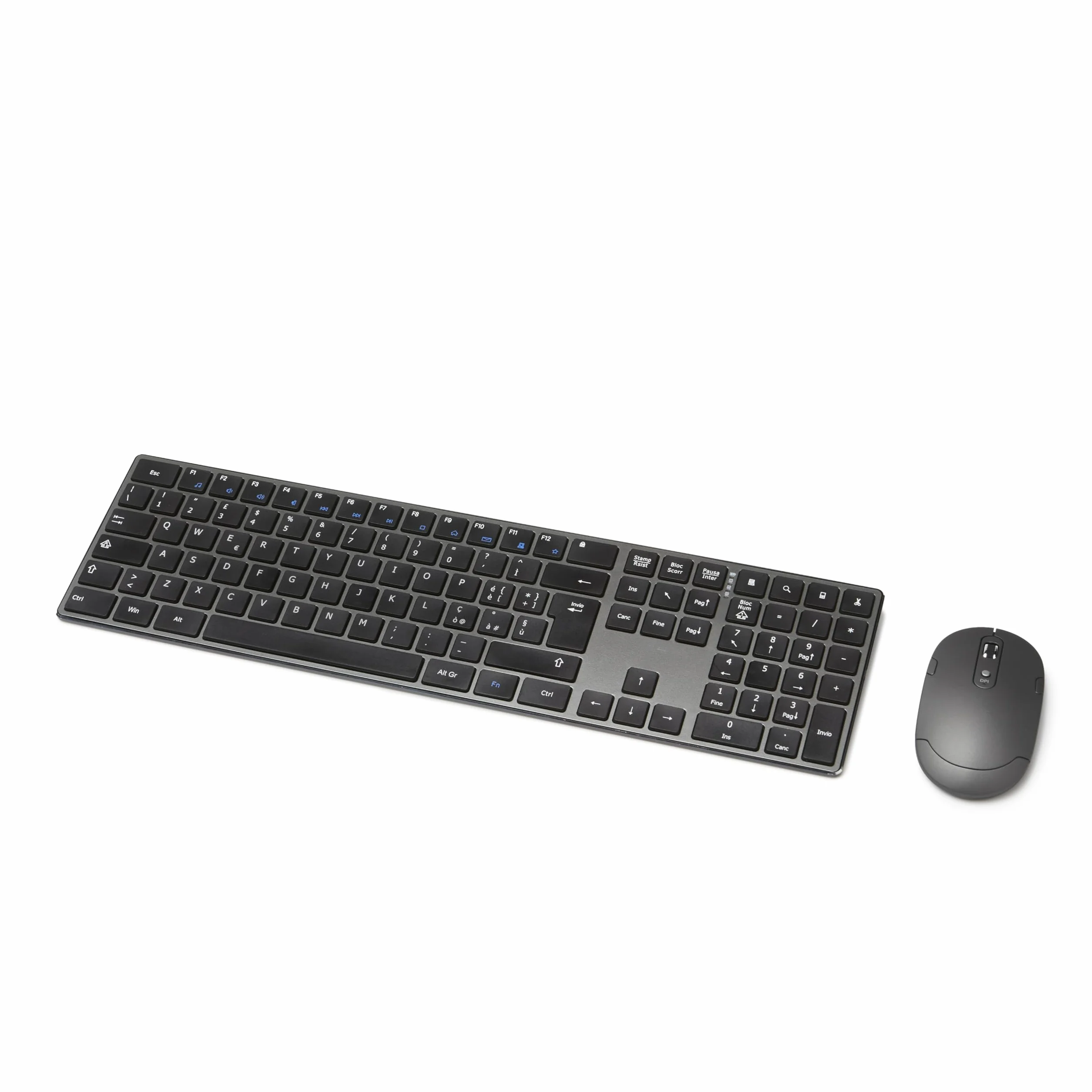 Amazon Basics mouse wireless ricaricabili, tastiera full size ultrasottile e silenziosa con tastierino numerico, Nero