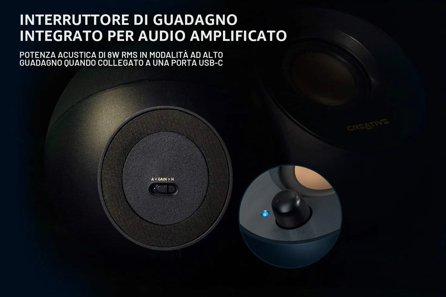 Creative - Pebble V2, Altoparlanti da scrivania con alimentazione USB-C 2.0, ingresso AUX da 3,5 mm, fino a 8 W di potenza RMS per computer, adattatore tipo A incluso e cavo esteso (nero)