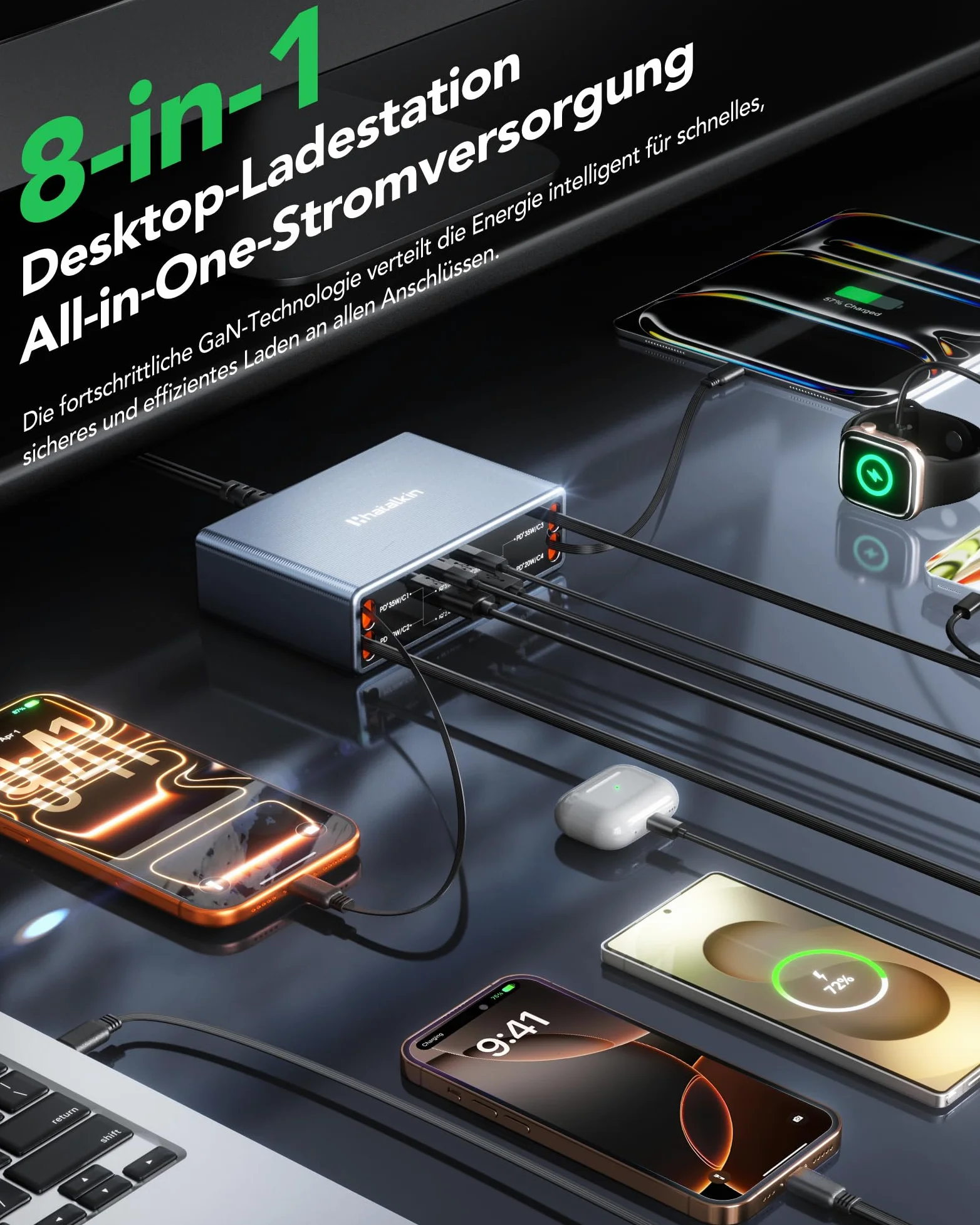 Caricatore retrattile 8 in 1 USB C, stazione di ricarica da 105 W per diversi dispositivi | Stazione di ricarica con 4 cavi retrattili, ricarica rapida GaN, compatibile con iPhone/iPad/MacBook/Galaxy/Pixel