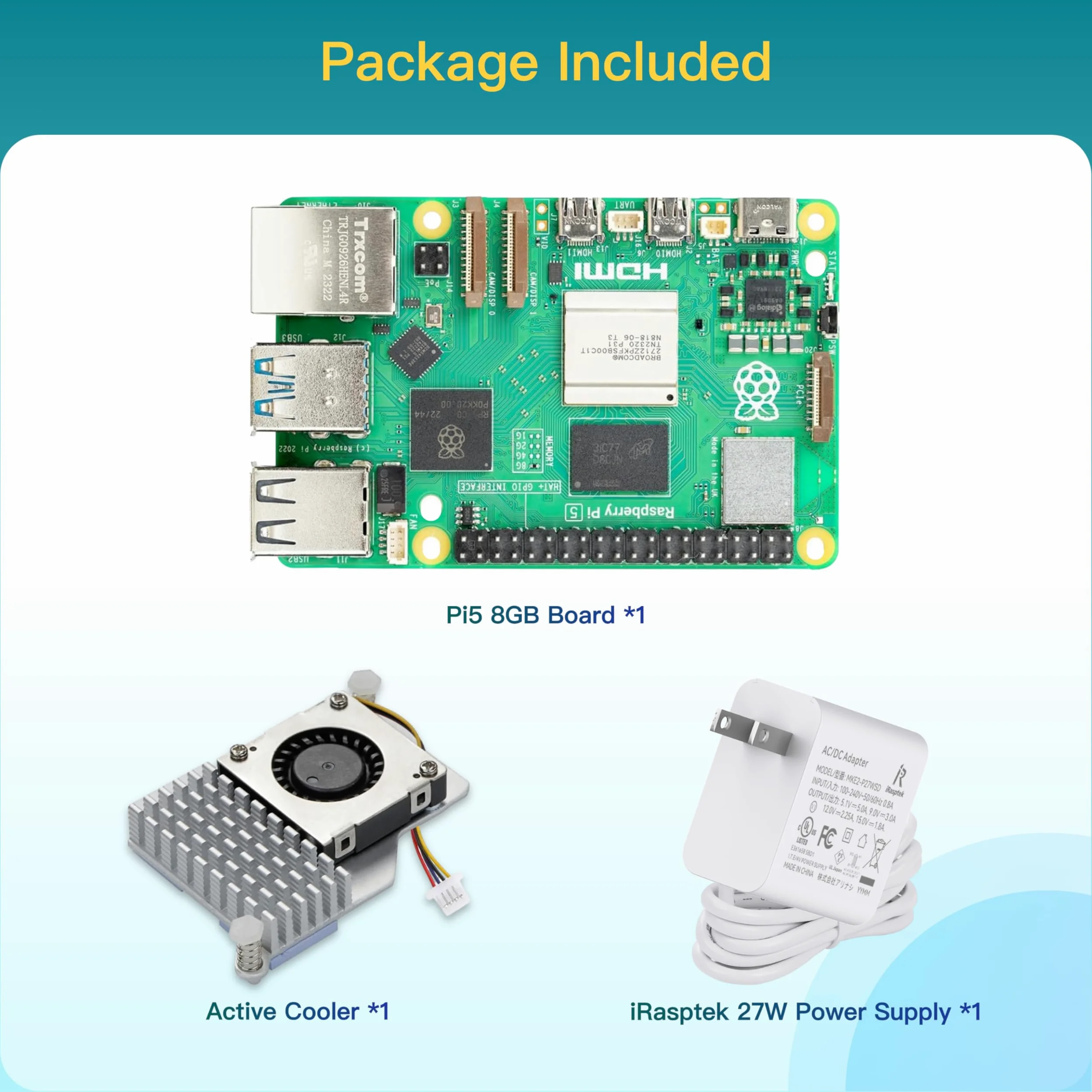 iRasptek Starter kit base per Raspberry Pi 5 4 GB di RAM, include scheda da 4 GB, alimentatore PD da 27 W e dispositivo di raffreddamento attivo