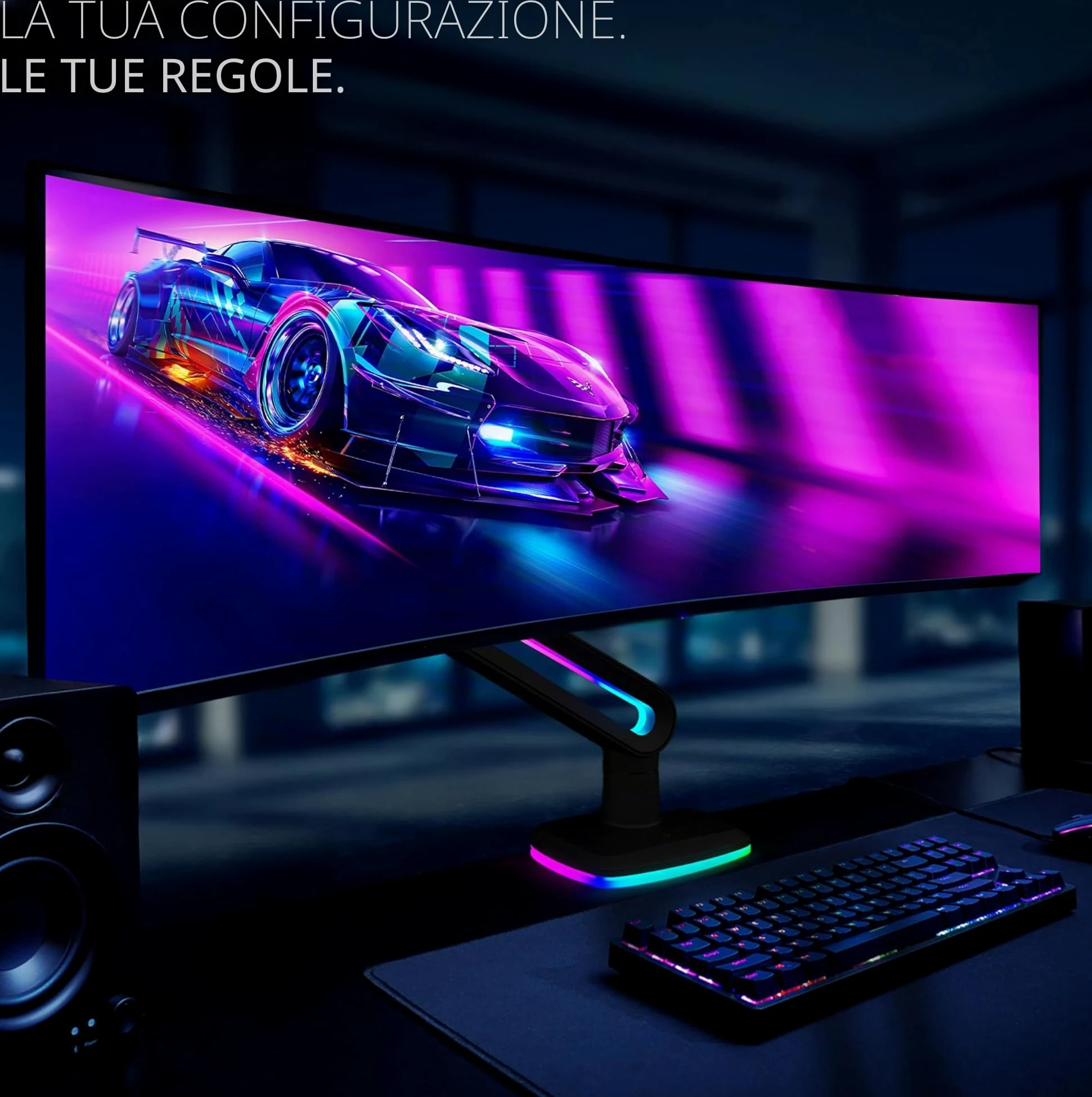 Invision VORTEX Supporto Braccio Monitor Gaming Schermi 27 a 57 pollici | Curvo e UltraWide | Alimentato Tramite USB 5 V | Luci LED RGB Integrate a 14 Modalità | 3-18 kg MAX (VR200)