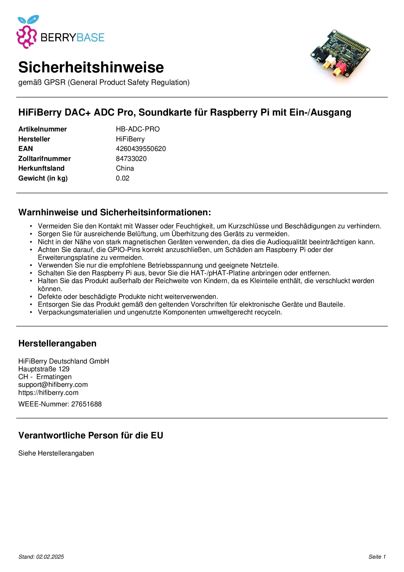 HiFiBerry DAC + ADC Pro Scheda audio per Raspberry Pi con ingresso e uscita