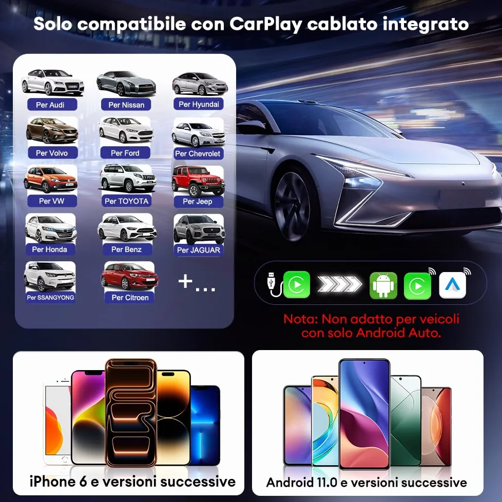 Carlinkit Adattatore CarPlay CP2A Pro senza fili - Supporta lo streaming di Netflix/YouTube/TikTok Lite per auto CarPlay cablate di fabbrica, dongle Android senza fili e per auto, USB-A/C