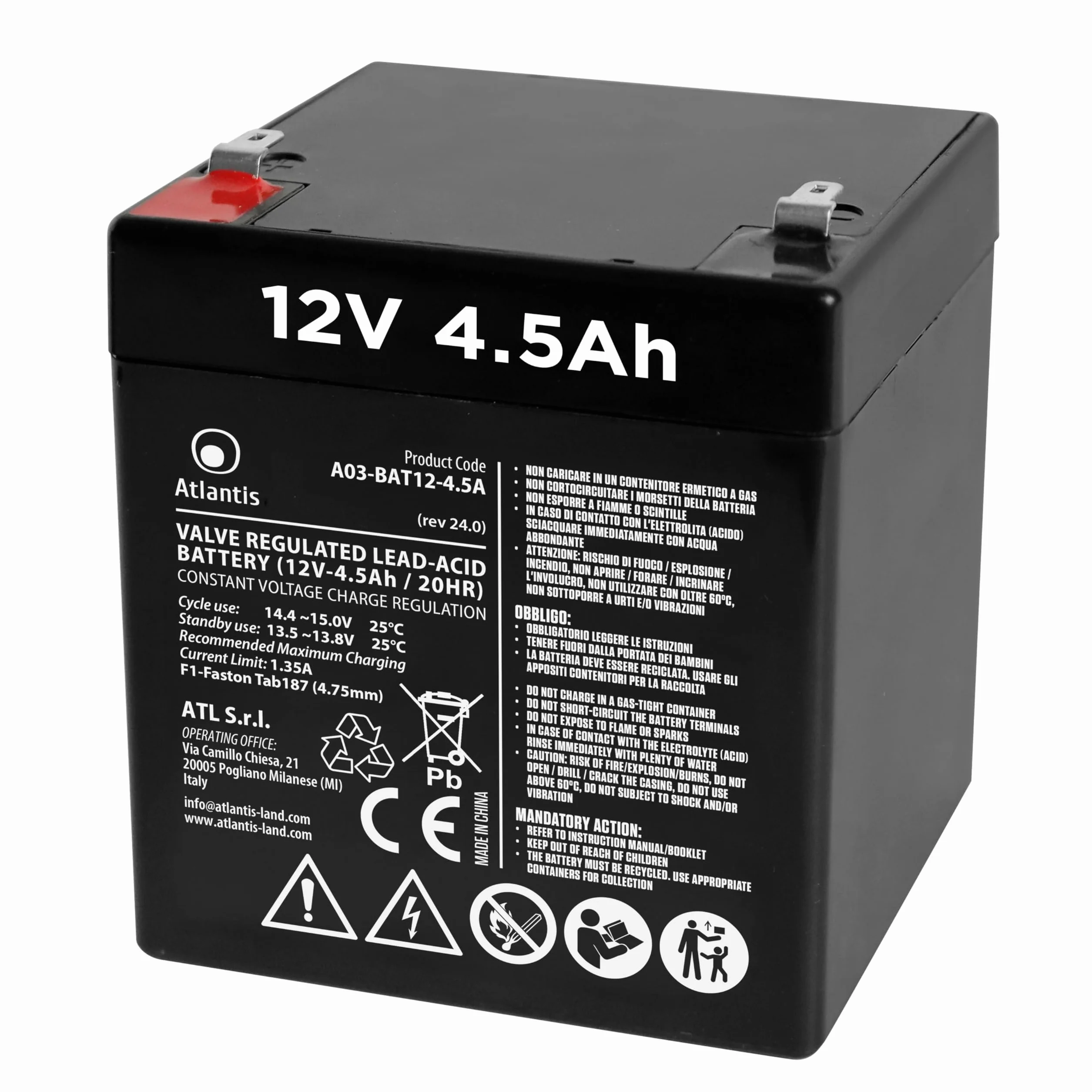 Atlantis batteria piombo 12V 4,5Ah ermetica VRLA per UPS Videosorveglianza allarme