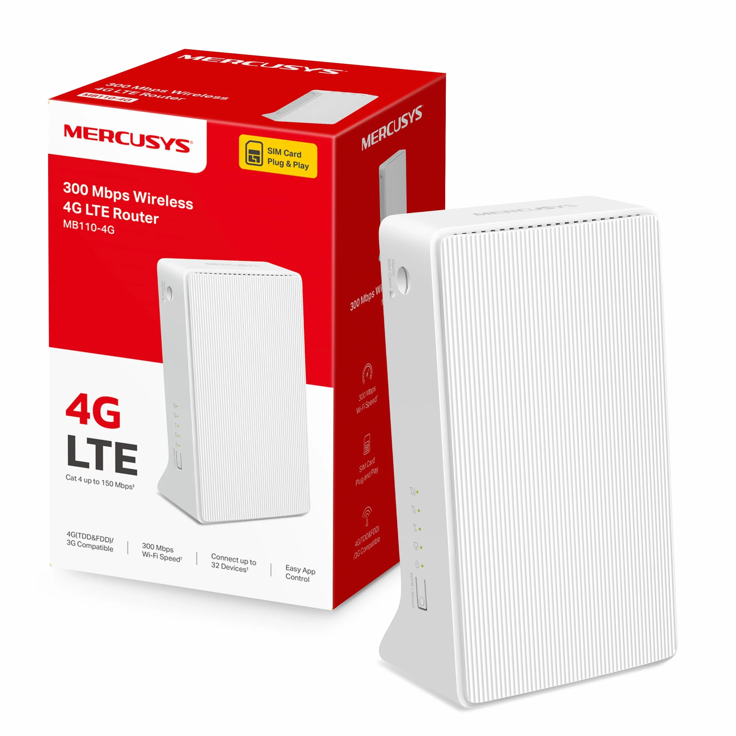 Mercusys TP-Link MB110-4G Router Wifi con Sim LTE Wireless N300Mbps 4G, Porta LAN/WAN, VPN,Senza Configurazione, Antenne Interne, Porte Antenna Esterna, Compatibile con Tutti Gli Operatori
