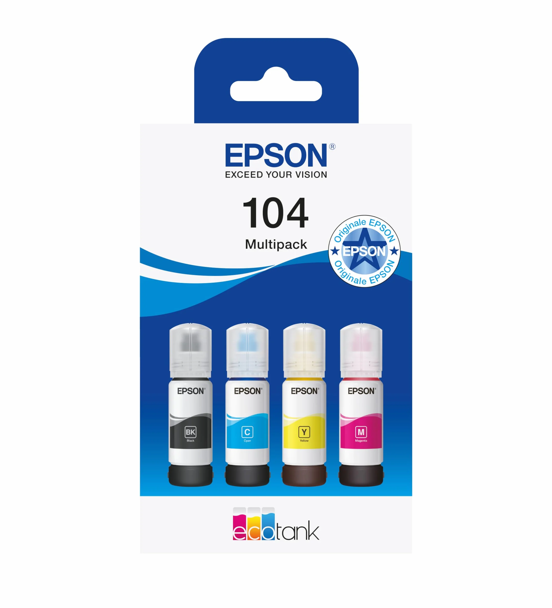 Epson EcoTank 104 Flaconi d’Inchiostro Originali | Multipack Colori 4x - Nero, Ciano, Magenta, Giallo | Garanzia dei Migliori Risultati di Stampa