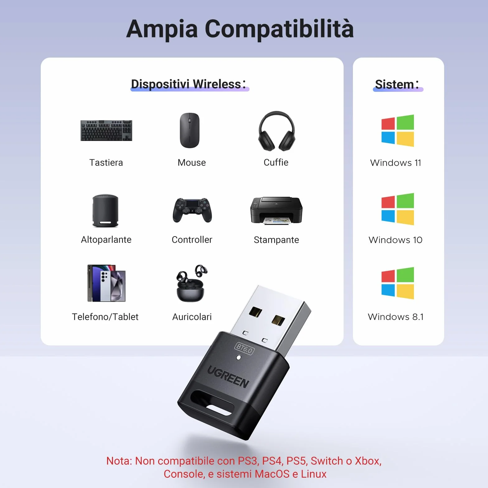 UGREEN BT6.0 Adattatore Bluetooth 6.0 USB Chiavetta Bluetooth per PC Windows 11 10 8.1 con Controller di PS5 PS4 Telefono Cuffie Auricolare Tastiera Mouse