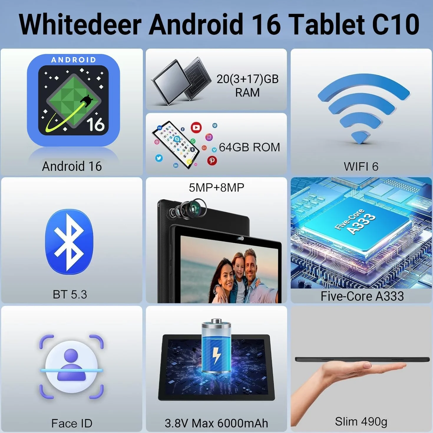 Whitedeer Tablet 10 pollici Android 16 20GB+64GB+1TB 1280*800 IPS WiFi 6 BT5.3 6000mAh Widevine L1 Nero