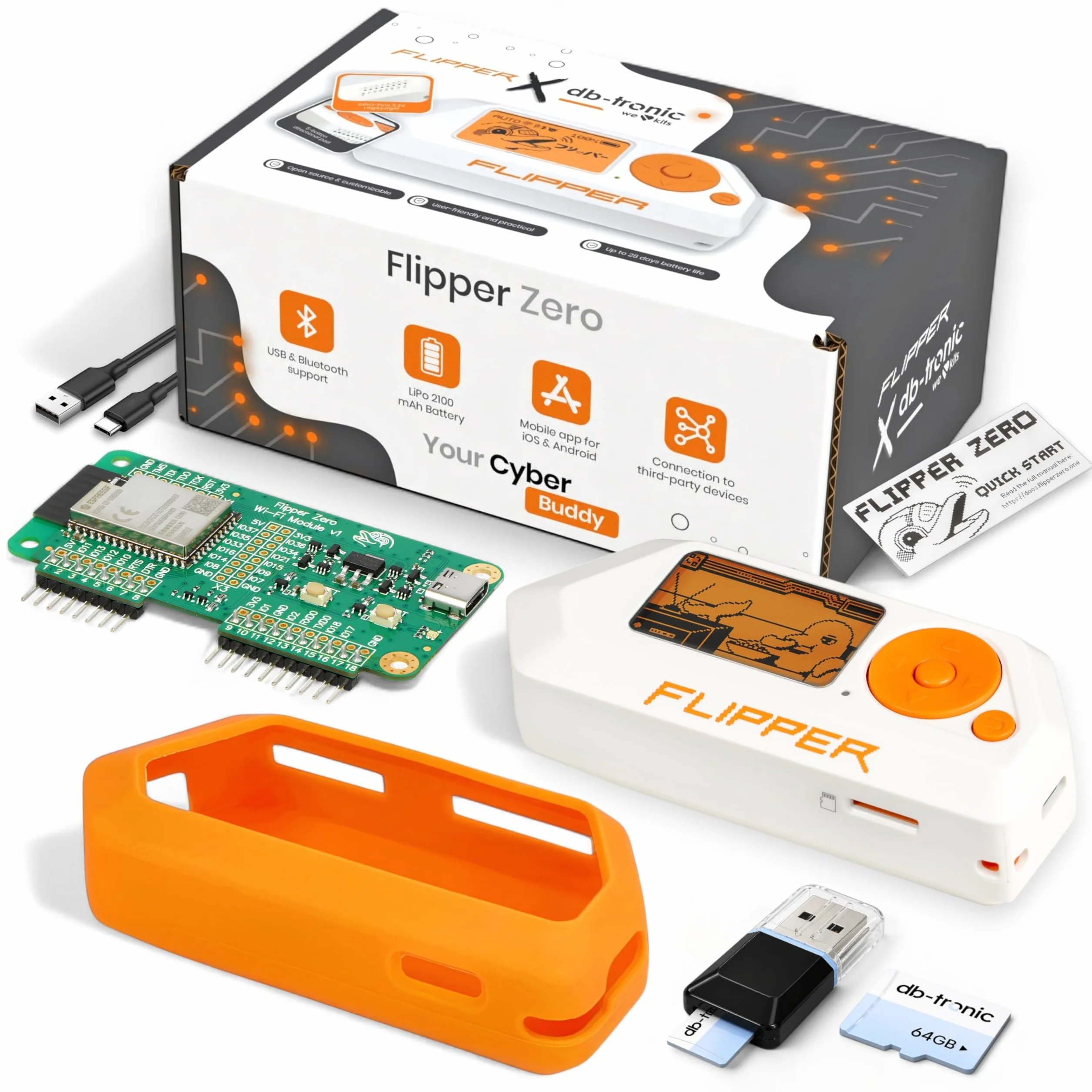 Flipper Zero Starter Set completo | Flipper Zero | Scheda WiFi | Custodia in silicone | Scheda di memoria da 64 GB | Lettore di schede USB